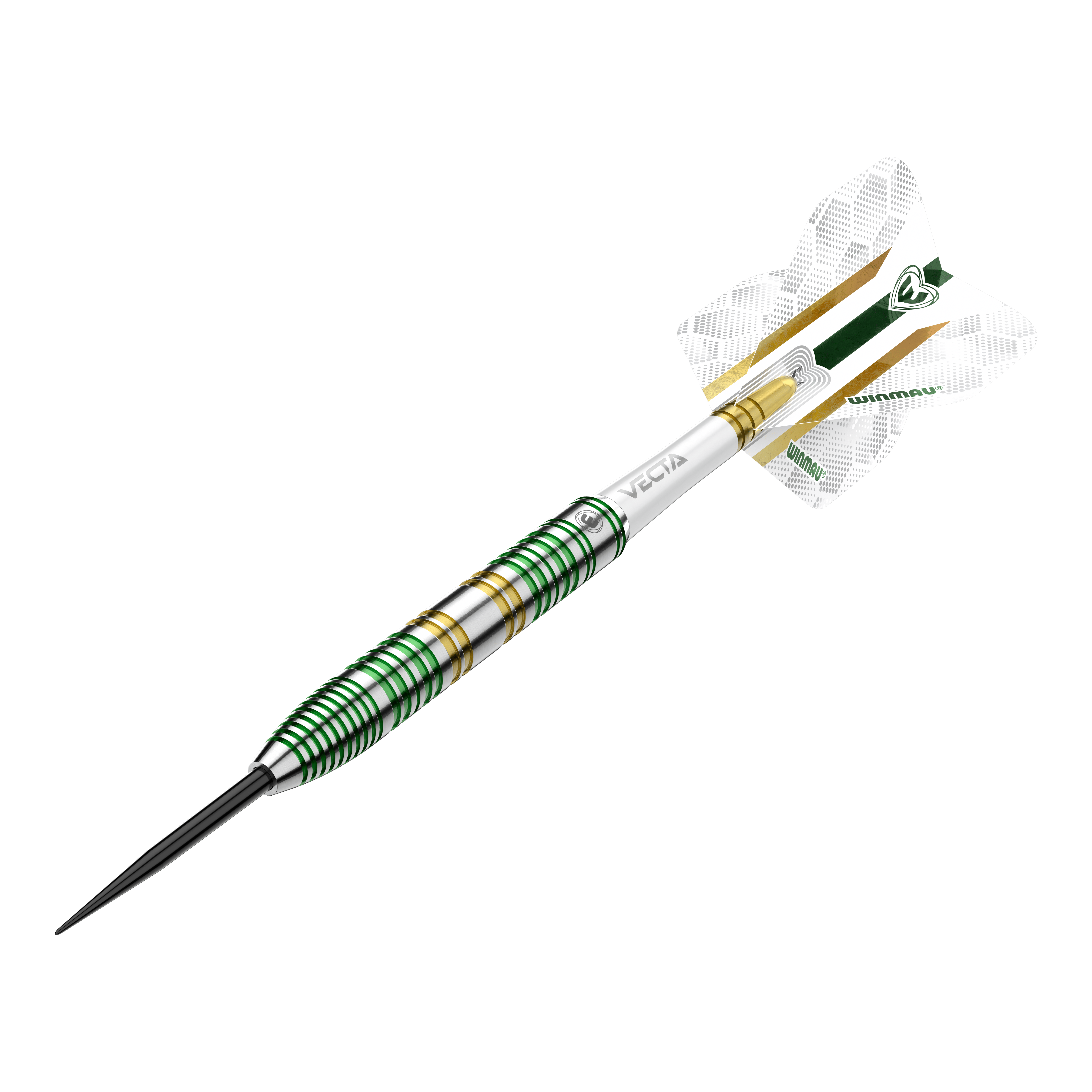 Dardos de acero Winmau Xenon Das Bild zeigt einen Winmau Xenon Steeldart. Der Dartpfeil hat ein silbernes Design mit grünen und goldenen Ringen sowie weißen Flights.