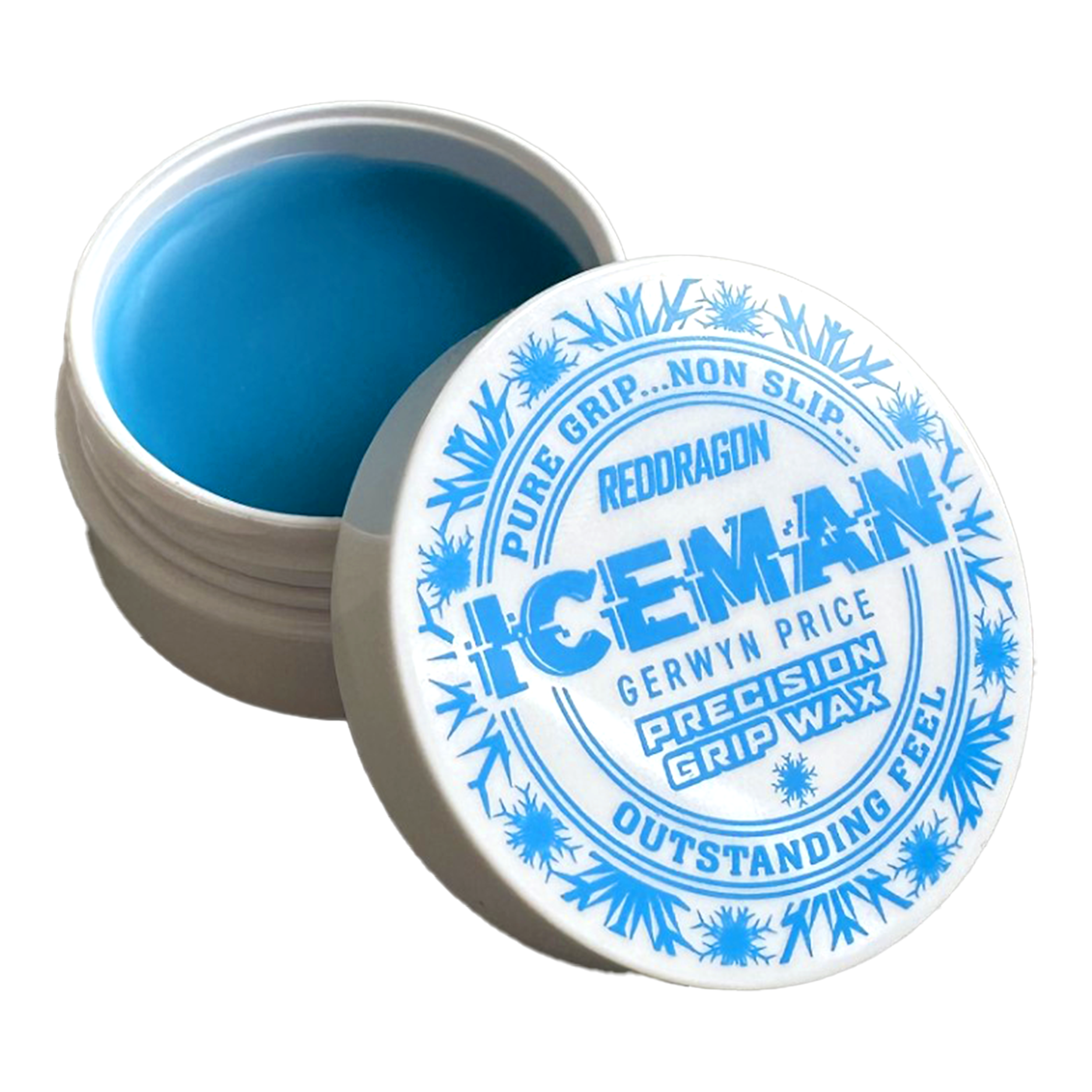 Cera para dedos Red Dragon Gerwyn Price Iceman Precision Grip Wax Das Bild zeigt ein offenes Döschen mit blauem Fingerwachs der Marke "Red Dragon Gerwyn Price Iceman Precision Grip Wax". Auf dem Deckel steht in blauer Schrift, dass das Produkt für reinen Halt, Rutschfestigkeit und hervorragendes Gefühl sorgt.