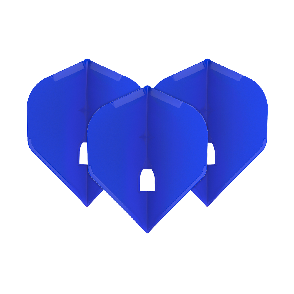 L-Style Champagne L1PRO Flights Auf dem Bild sind drei blaue Dart-Flights zu sehen. Sie stehen aufrecht nebeneinander und sind identisch in Form und Farbe.