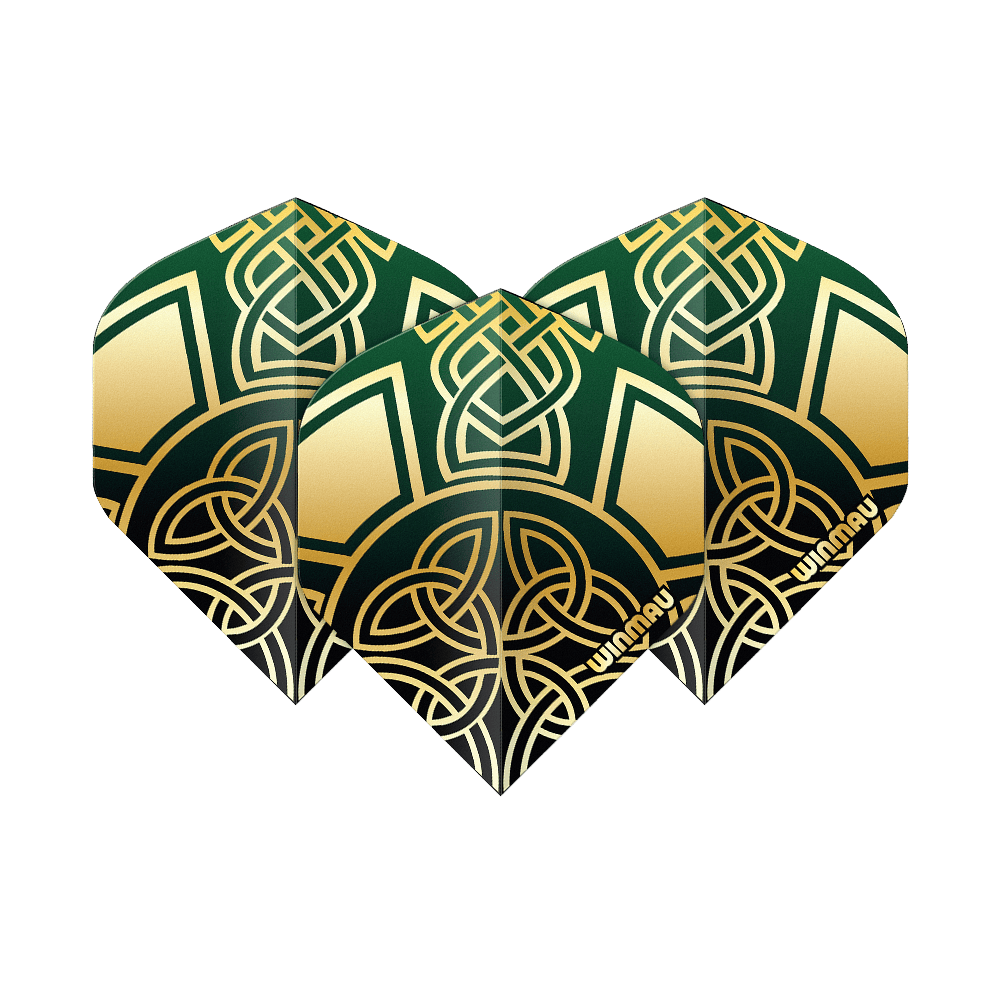 Winmau Prism Delta Brendan Dolan Celtic Knot Black Gold No2 Vuelos estándar Zu sehen sind die Winmau Prism Delta Brendan Dolan Celtic Knot Black Gold No2 Standard Flights. Diese Darts-Flights haben ein schwarzes und goldenes keltisches Knoten-Design.