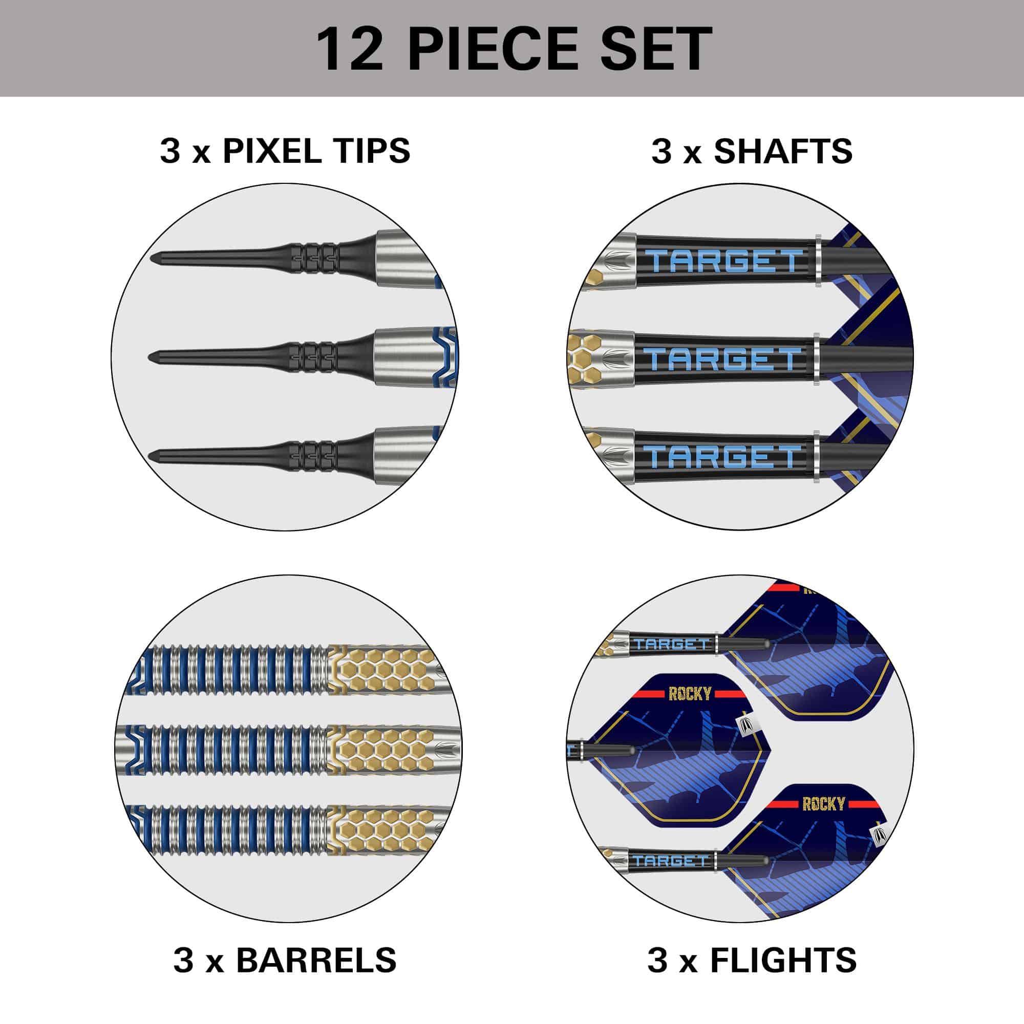 Dardos blandos Target Josh Rock GEN1 - 20 g Dieses Bild zeigt das Produkt "Target Josh Rock GEN1 Softdarts - 20g" als 12-teiliges Set. Es enthält 3 Pixel-Spitzen, 3 Schäfte, 3 Barrels und 3 Flights.