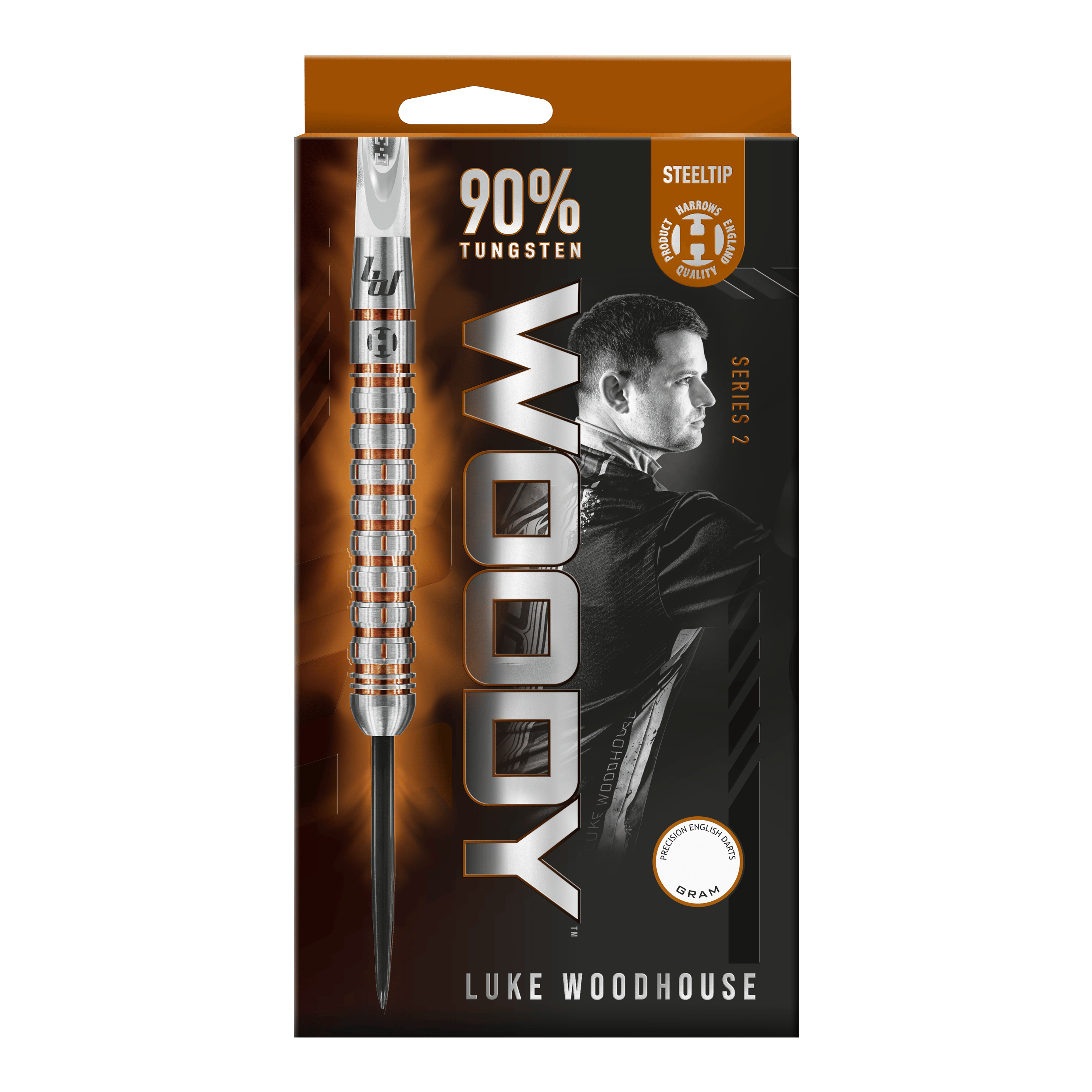 Dardos de acero Luke Woodhouse Serie 2 de Harrow Das Bild zeigt die Verpackung der Harrows Luke Woodhouse Series 2 Steeldarts. Auf der Vorderseite sind ein Dartpfeil, der Name "WOODY" und ein Bild von Luke Woodhouse zu sehen.