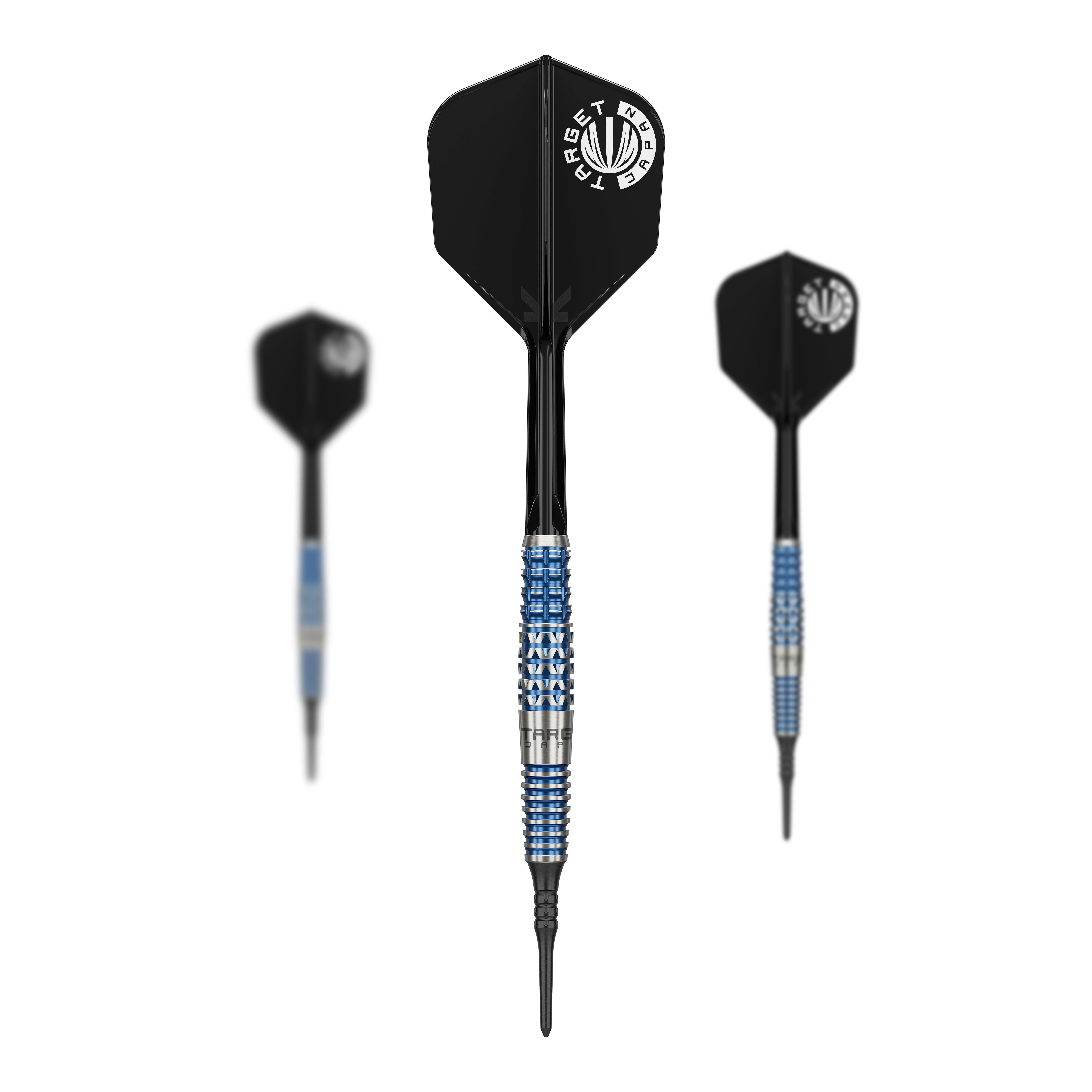 Dardos blandos Target Japan Toru Suzuki Sereno GEN2 - 20 g Das Bild zeigt drei Softdarts des Modells "Target Japan Toru Suzuki Sereno GEN2 Softdarts - 20g". Die Darts haben schwarze Flights und ein blau-silbernes Griffstück.