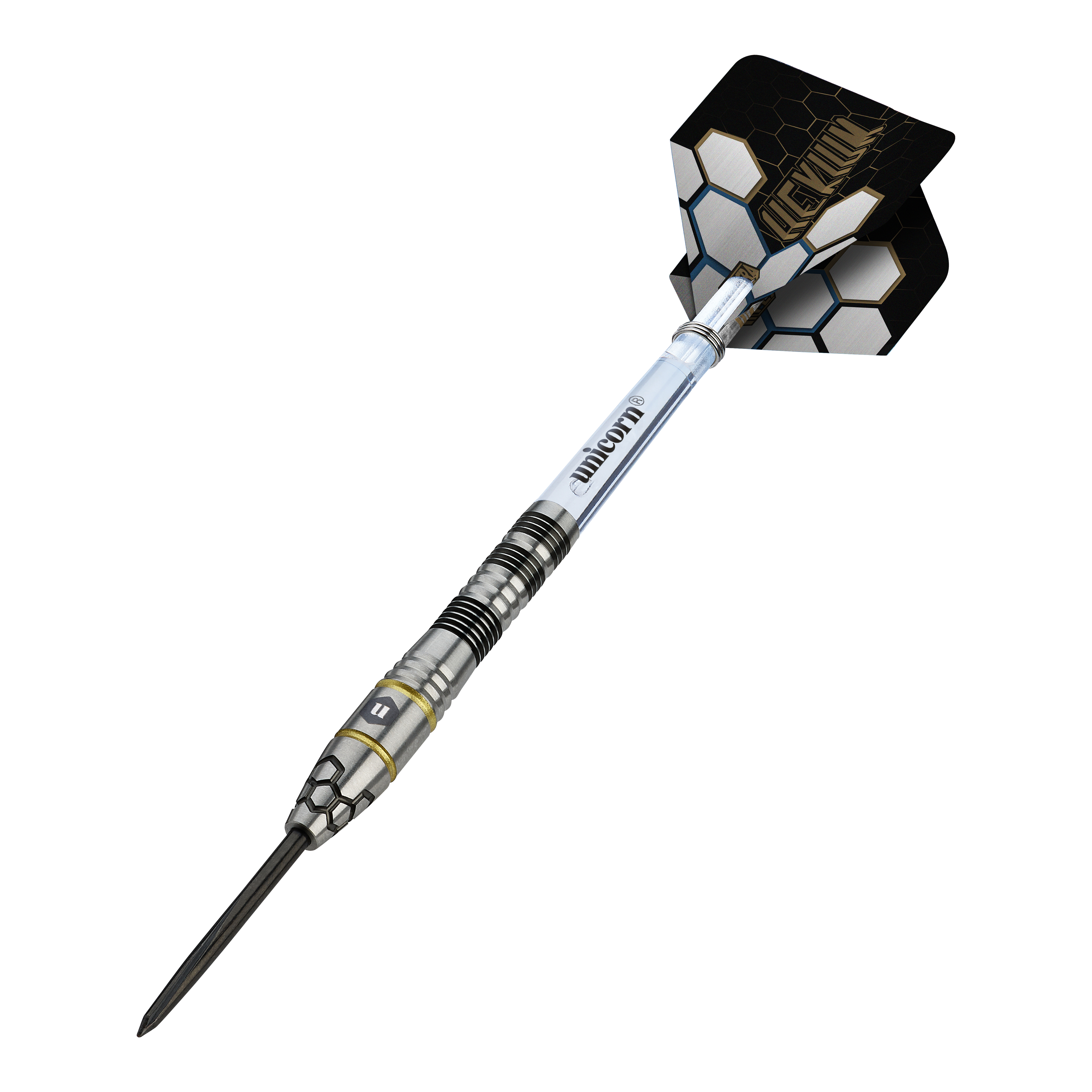 Dardos de acero Unicorn Hexium Style 01 negros y dorados Hier sieht man die Unicorn Hexium Style 01 Black & Gold Steeldarts. Die Darts haben eine Kombination aus schwarzen und goldenen Elementen.