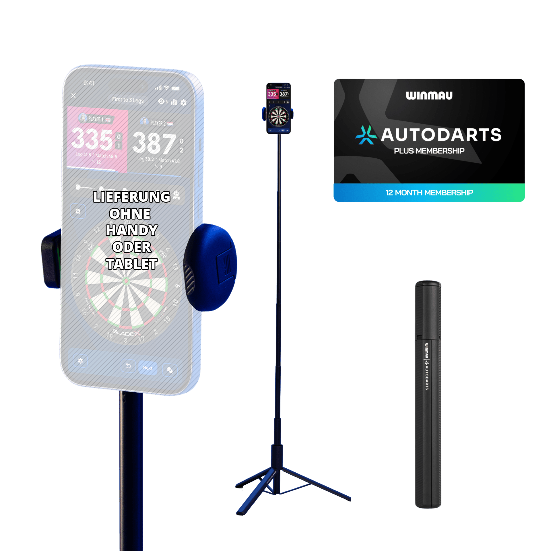Soporte para dispositivo Winmau Autodarts y paquete de membresía de 12 meses Zu sehen ist das Winmau Device Stand & 12 Monate Membership Bundle. Das Set umfasst einen stabilen Geräteständer und eine 12-monatige Mitgliedschaft.