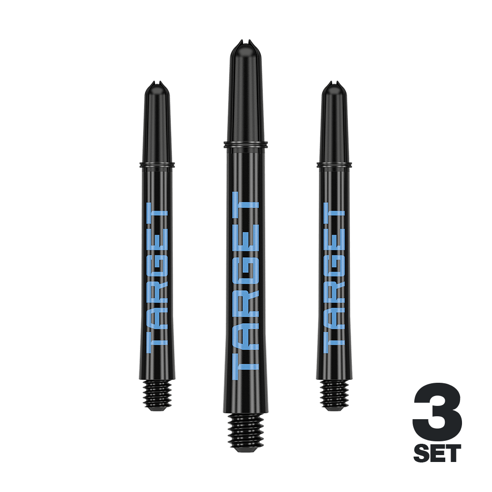 Varillas Target Pro Grip TAG - 3 juegos - Negro y azul Das Bild zeigt drei schwarze Dartschäfte mit blauer "TARGET"-Aufschrift. In der rechten unteren Ecke steht "3 SET".