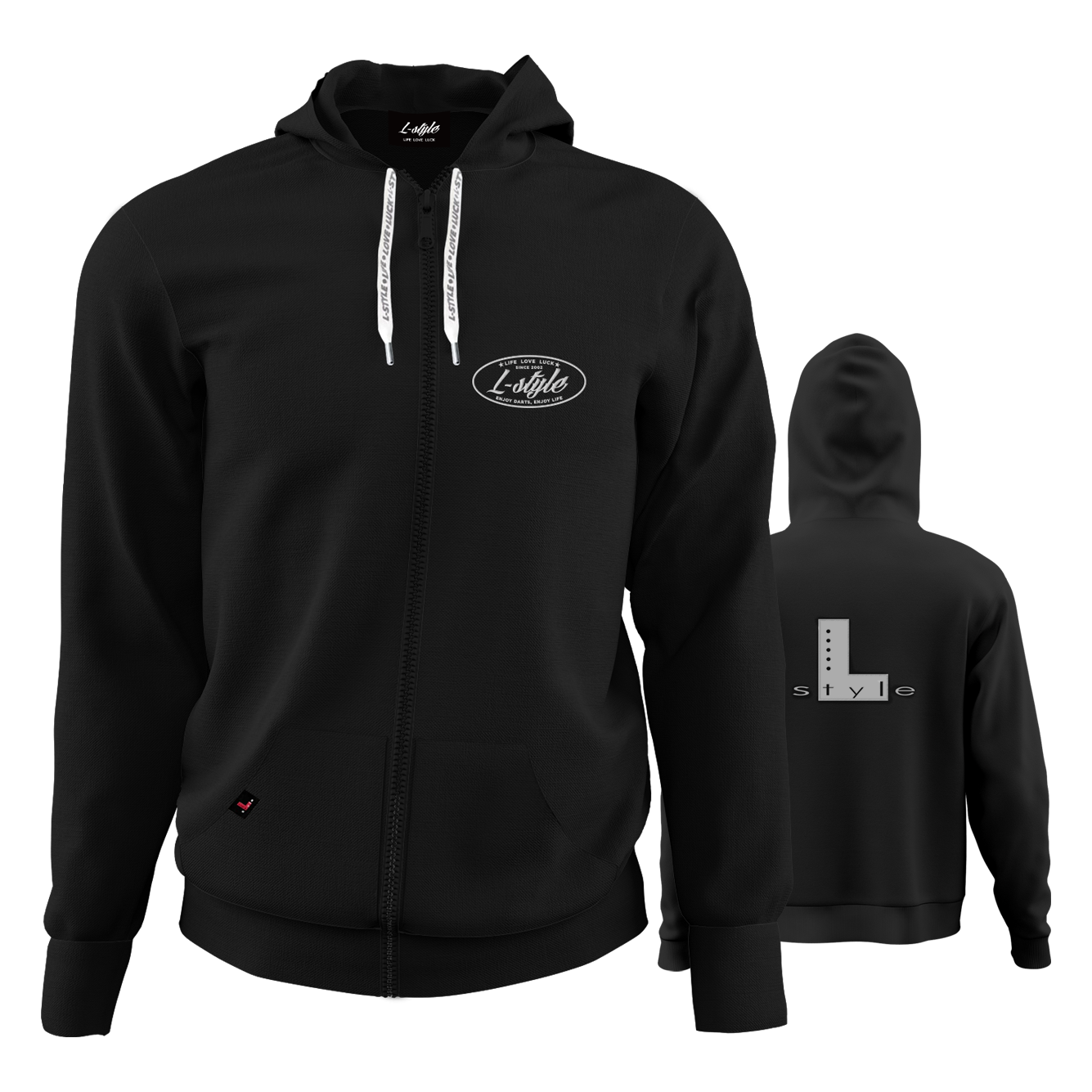 Sudadera con capucha estilo L, color negro Der "L-Style Hoodie - Schwarz" ist ein schwarzer Kapuzenpulli mit Reißverschluss und weißen Kordeln. Auf der Vorderseite befindet sich ein kleines "L-Style"-Logo, während auf der Rückseite ein großes "L style"-Design zu sehen ist.