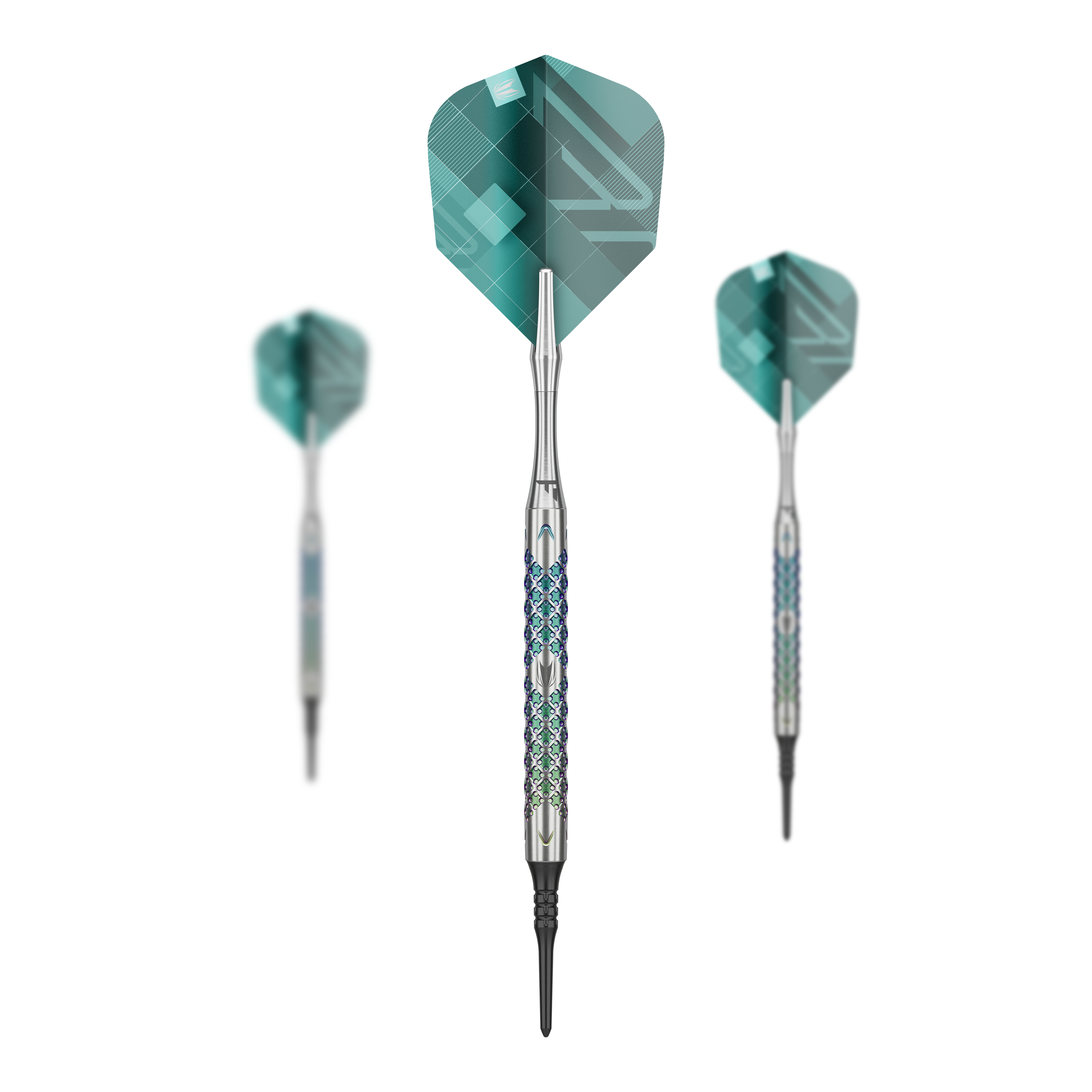 Dardos blandos Target Rove 10 Das Bild zeigt drei Softdarts des Modells "Target Rove 10" mit silbernen Schäften und grünen Flights. Die Darts sind elegant gestaltet und stehen vor einem schwarzen Hintergrund.