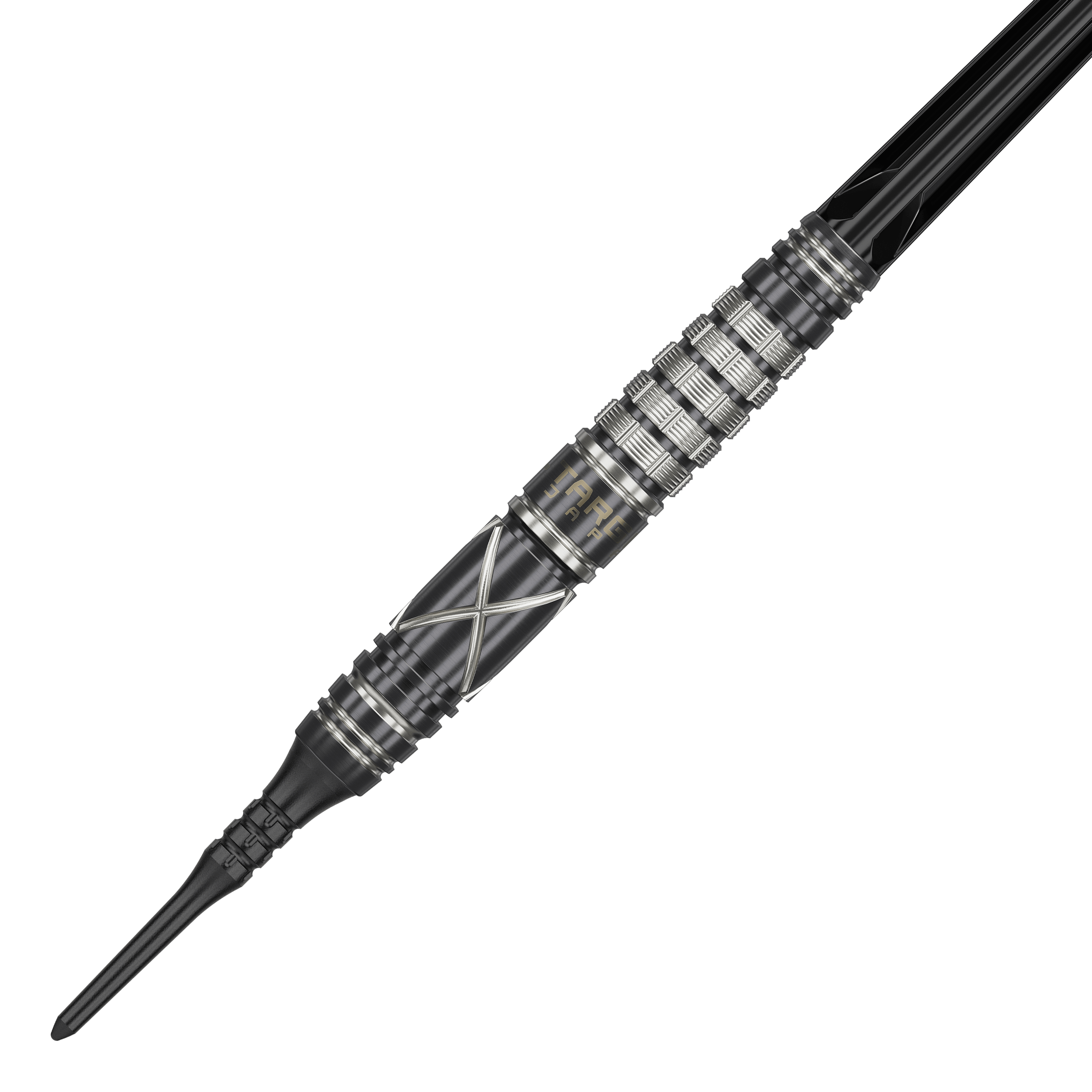Dardos blandos Target Japan Black Marque Chaos 2 - 19 g Auf dem Bild ist ein Softdart der Marke "Target Japan Black Marque Chaos 2" mit 19g Gewicht zu sehen. Der Dartpfeil hat ein schwarzes Design mit silbernen Akzenten und einer geriffelten Griffzone.
