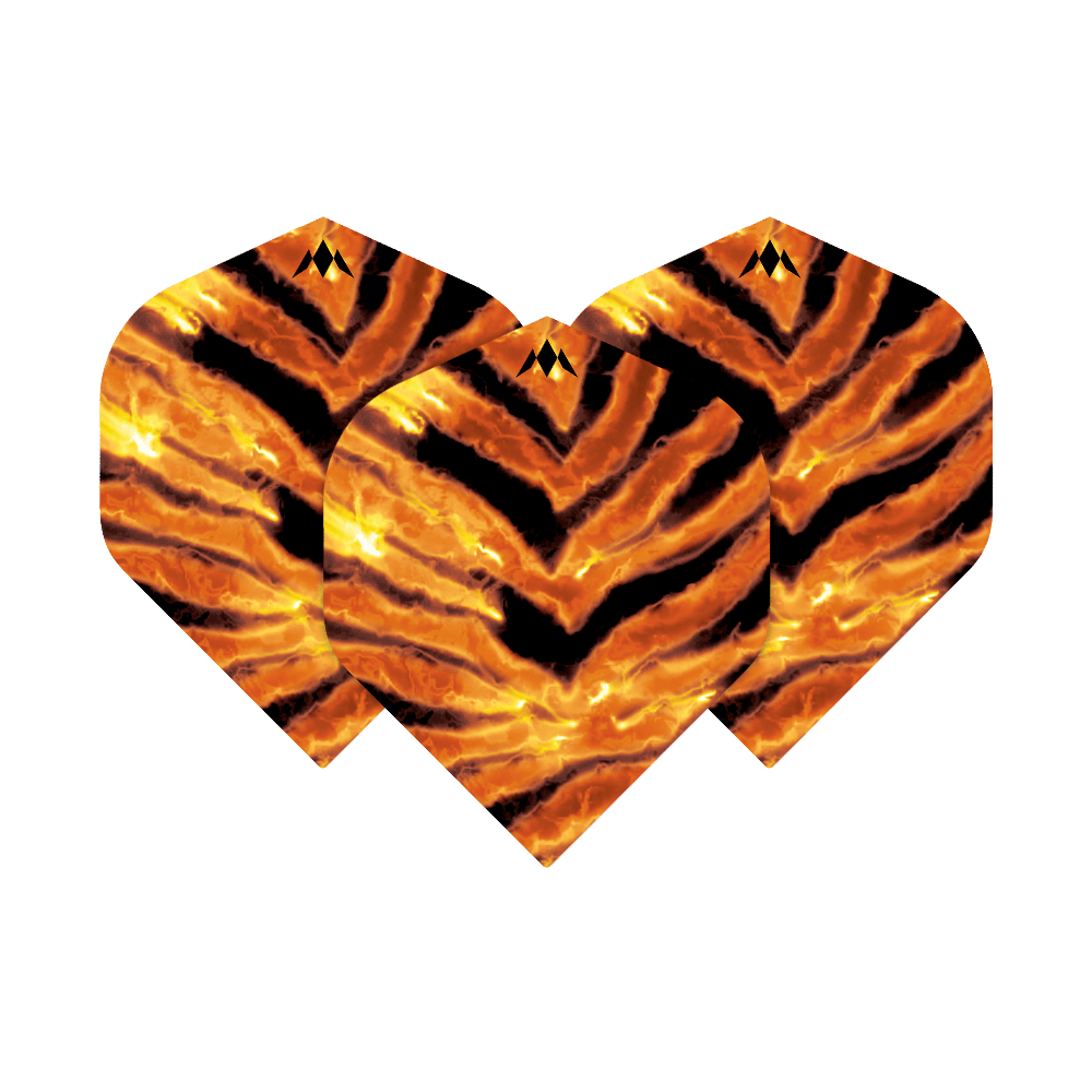 Vuelos estándar de Mission Solo Javan No2 Das Bild zeigt drei Dartflights mit einem auffälligen Tigerstreifen-Design in Orange und Schwarz. Es handelt sich um das Produkt "Mission Solo Javan No2 Standard Flights".