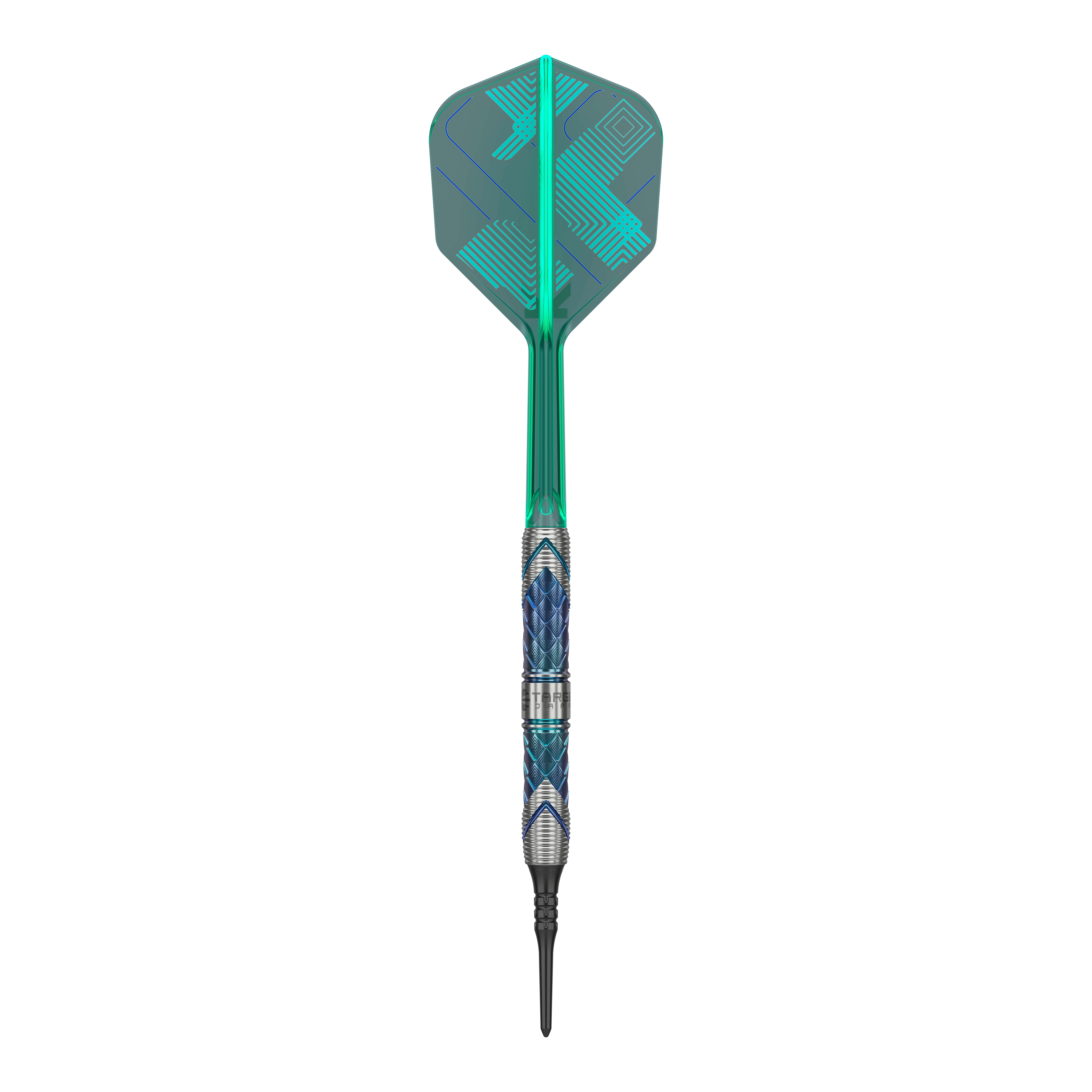 Dardos blandos Target Japan Kaze Series Ceros 03 - 19 g Das Bild zeigt einen Target Japan Kaze Series Ceros 03 Softdart mit einem Gewicht von 19 Gramm. Der Dart hat ein auffälliges Design mit blauen und silbernen Mustern sowie einer grünen Flight.