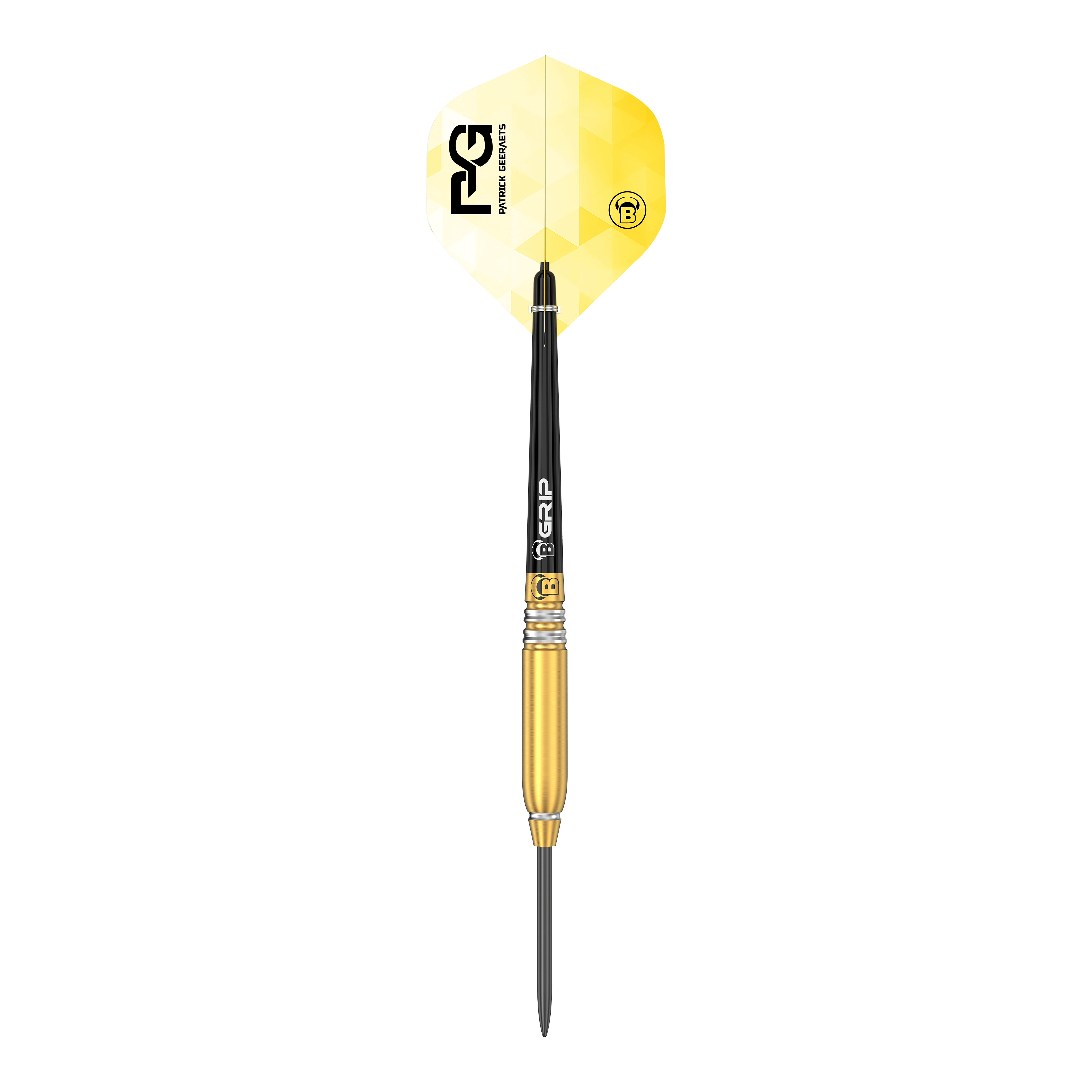 Bulls Patrick Geeraets Dardos de acero - 23g Das Bild zeigt einen Steeldart namens "Bulls Patrick Geeraets Steeldarts - 23g". Der Dartpfeil hat eine goldene Barrel, einen schwarzen Schaft und ein gelb-weißes Flight mit Logo.