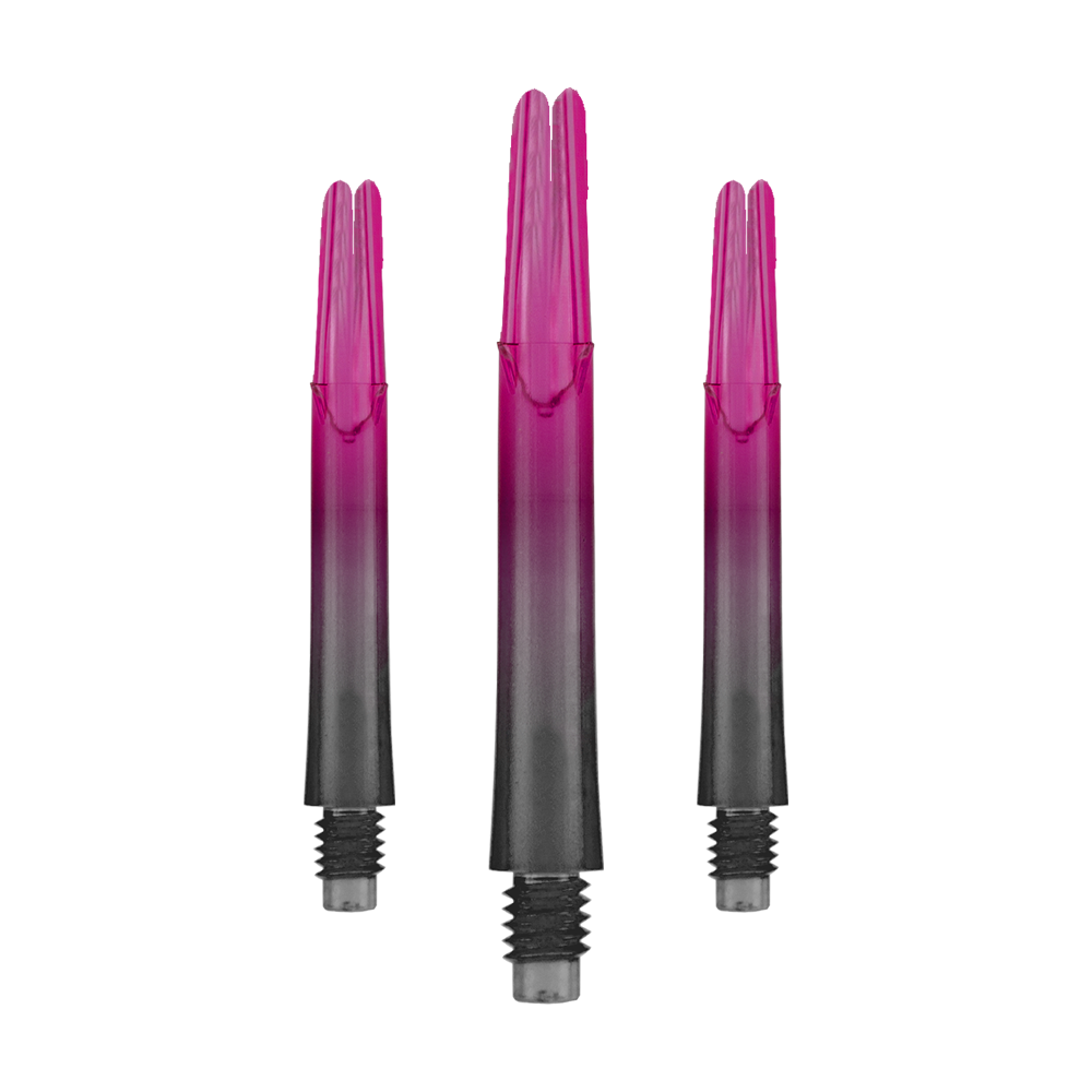Cañas L-L-Style-Shaft Locked Straight Natural9 TwoTone - Rosa Das Bild zeigt drei pink-schwarze Dartschäfte in gerader Form. Sie stehen aufrecht nebeneinander und haben Gewinde am unteren Ende.