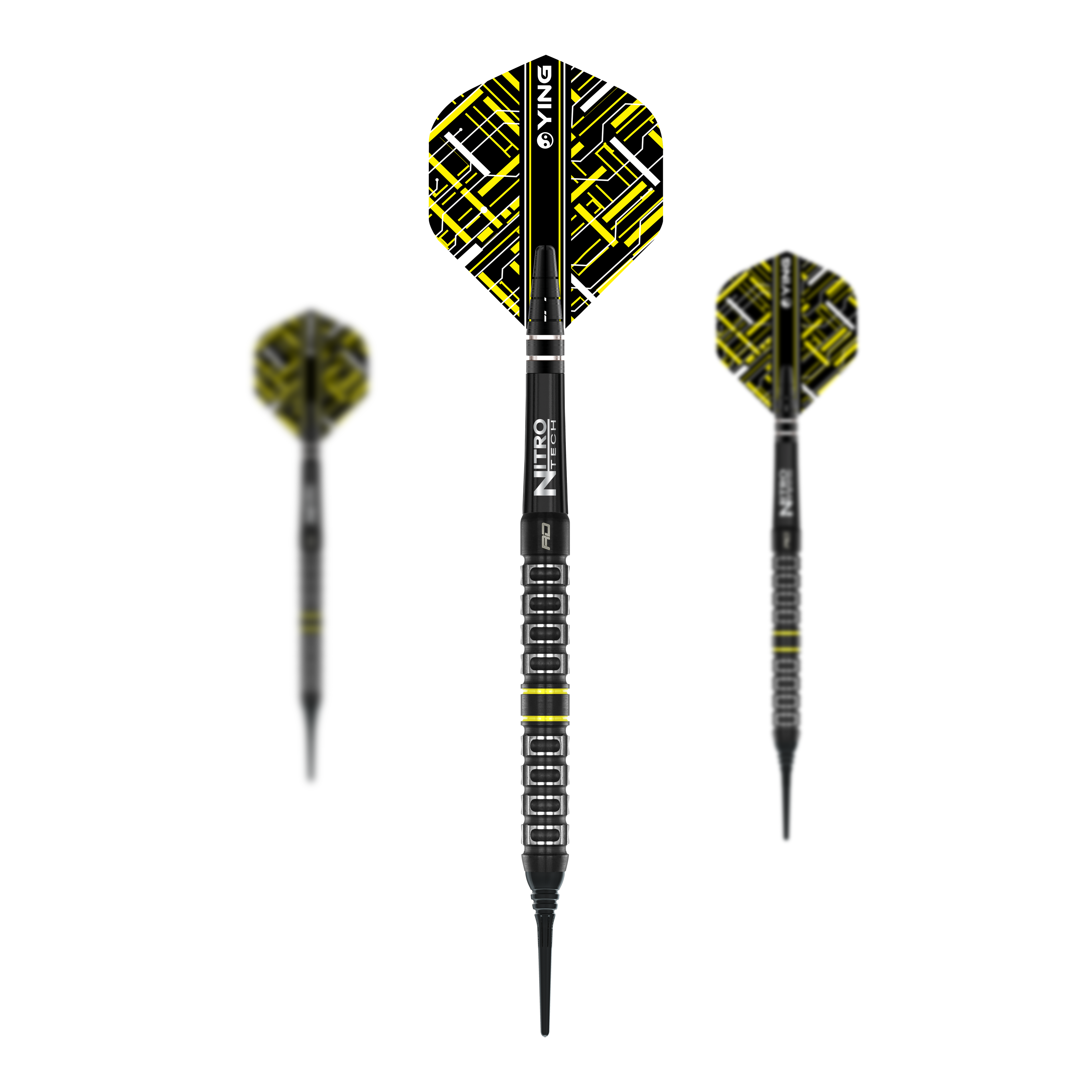 Dardos blandos paralelos Red Dragon Astraeus Q4X - 20 g Das Bild zeigt drei Softdarts des Modells "Red Dragon Astraeus Q4X Parallel" mit einem Gewicht von 20g. Die Darts haben ein auffälliges schwarz-gelbes Design mit geometrischem Muster auf den Flights.