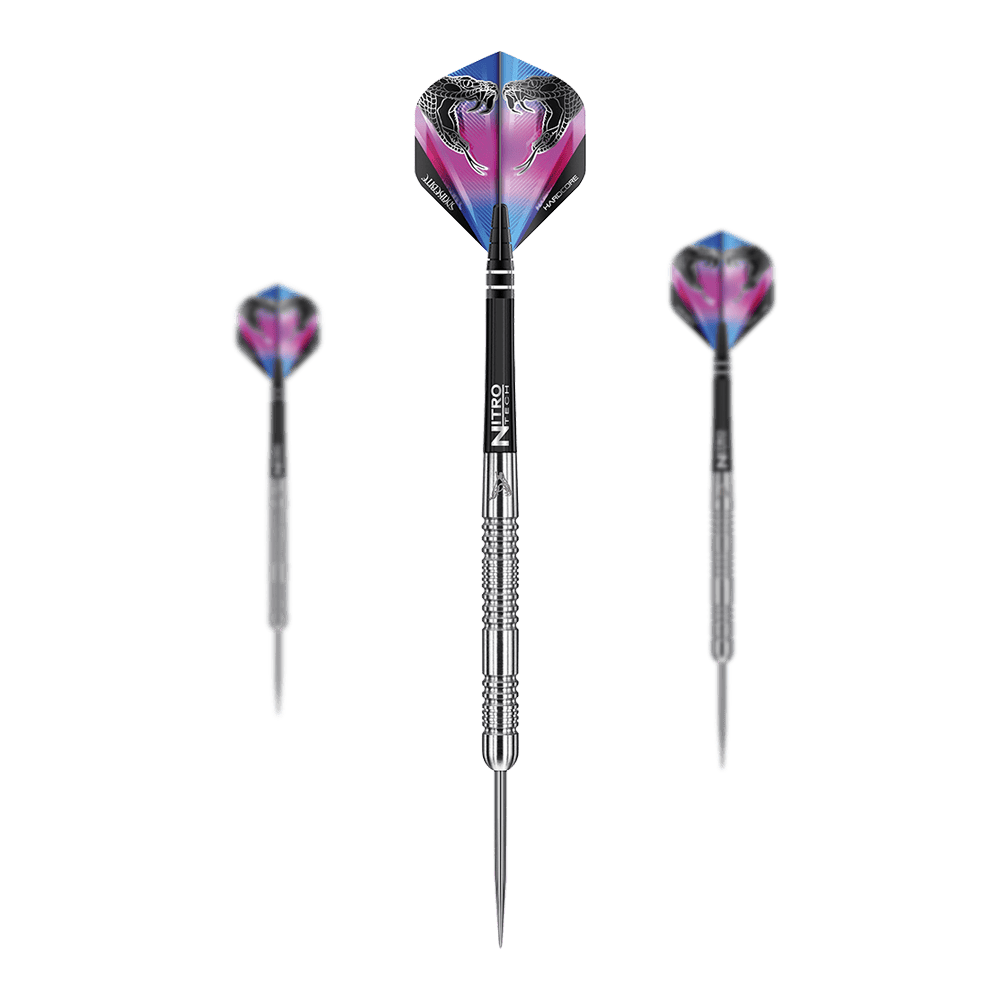 Dardos de acero Red Dragon Peter Wright Snakebite Euro 11 Das Bild zeigt drei Steeldarts des Modells "Red Dragon Peter Wright Snakebite Euro 11". Die Flights der Darts sind farbenfroh gestaltet und zeigen zwei Schlangen.