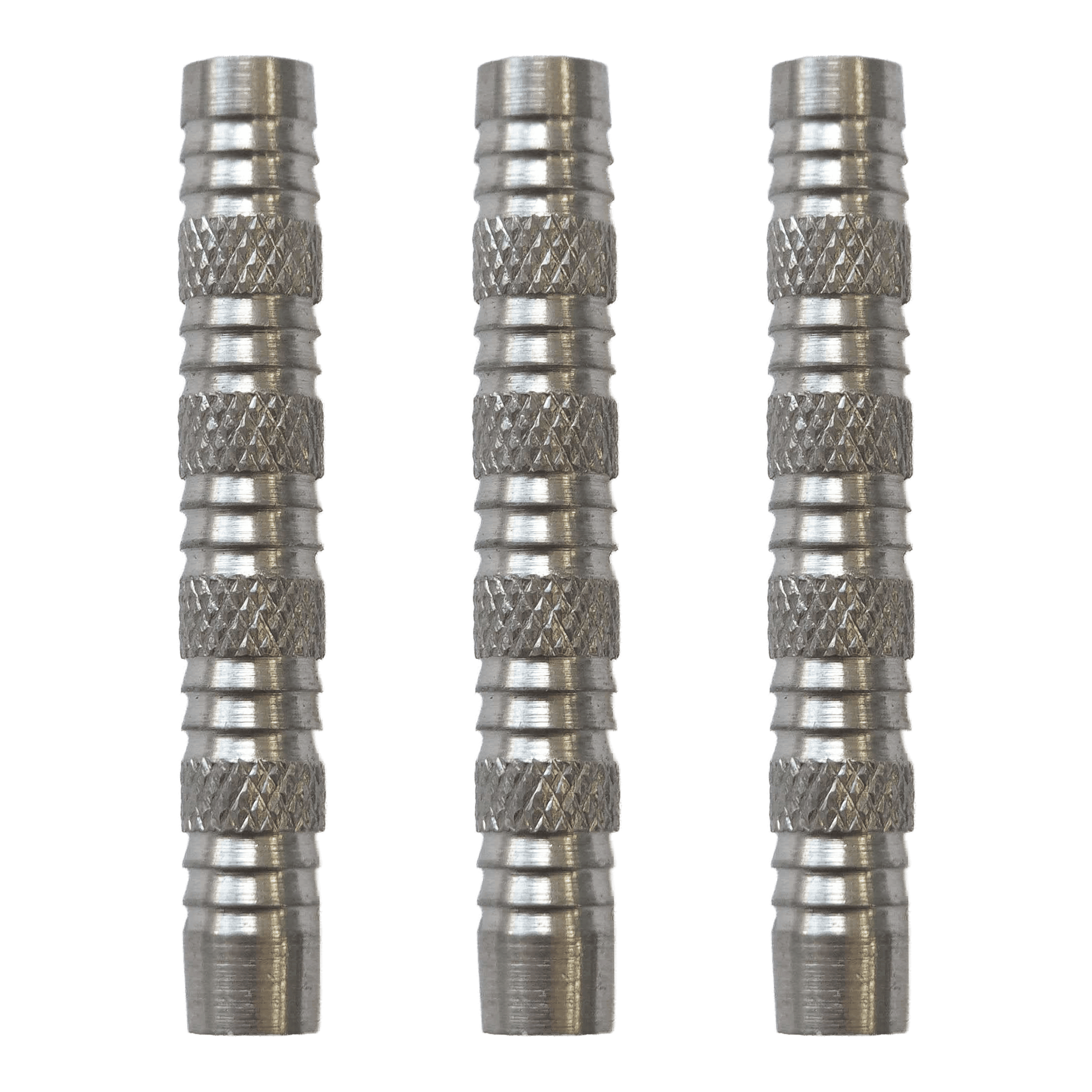 Barriles para dardos blandos McDart Knurled Shark - 18 g Hier sieht man McDart Knurled Shark Softdart Barrels - 18g als Set. Die Dart-Barrels sind silbern und haben ein markantes Rillenmuster.