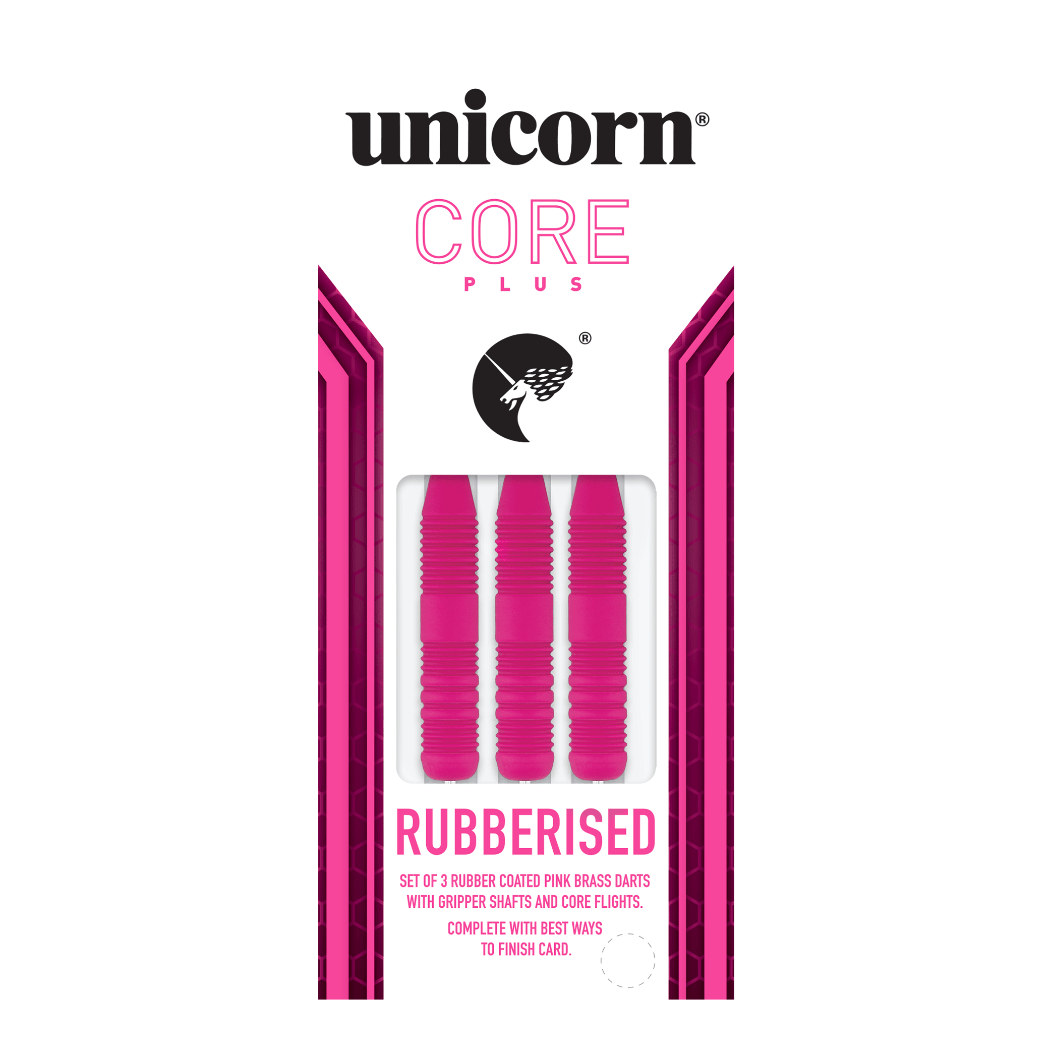 Dardos de acero de goma rosa Unicorn Core Plus Das Bild zeigt eine Packung mit drei pinken, gummierten Steeldarts der Marke Unicorn Core Plus. Die Darts haben geriffelte Griffe und werden in einer weiß-pinken Verpackung präsentiert.