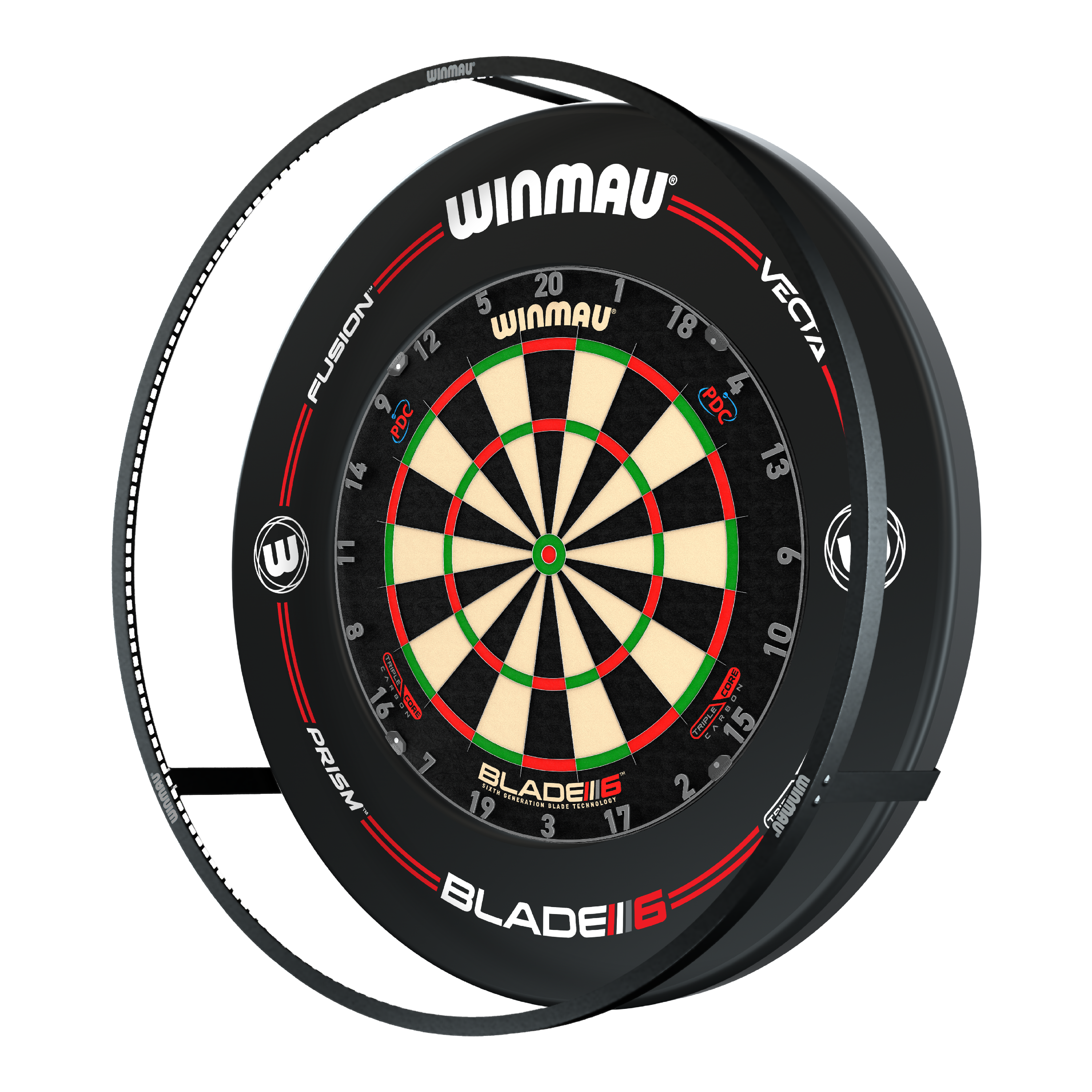PAQUETE Winmau Plasma Iluminación LED y envolvente Das Bild zeigt das 'Winmau Plasma LED Beleuchtung und Surround Bundle' mit einer Dartscheibe. Um die Scheibe herum befindet sich eine LED-Beleuchtung und ein schwarzer Schutzring.