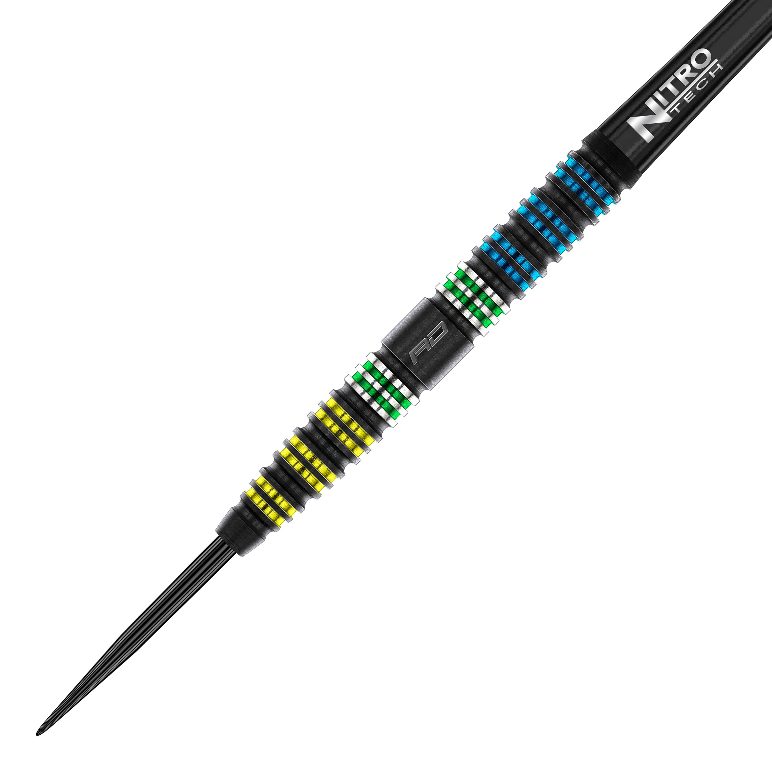 Dardos Red Dragon Dragonfly 95 de acero cónico negro Das Bild zeigt den Red Dragon Dragonfly 95 Black Tapered Steeldart. Der Dart hat farbige Ringe in Gelb, Grün und Blau sowie einen schwarzen Schaft mit der Aufschrift "Nitro Tech".