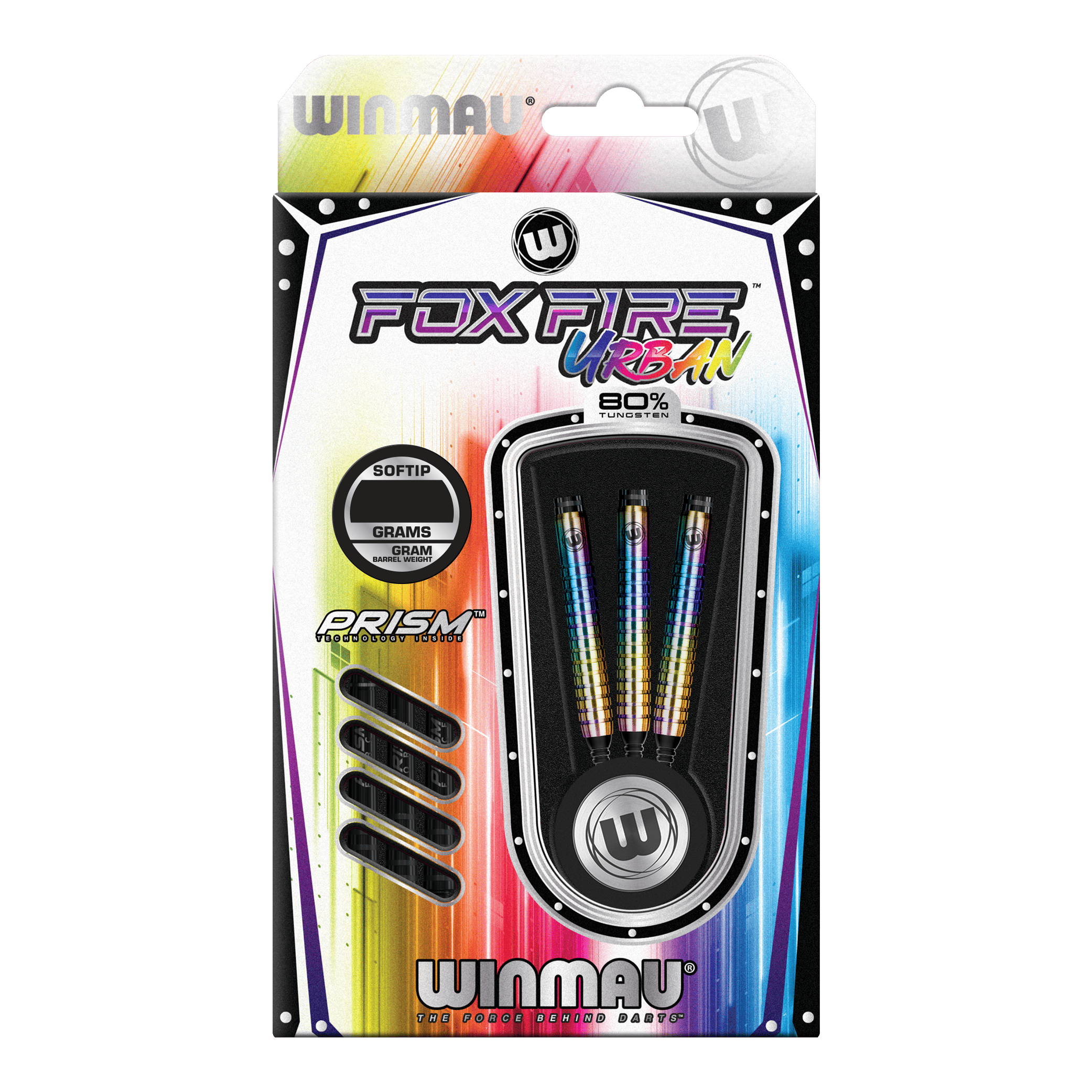 Dardos Winmau Foxfire Urban Soft - 20 g Das Bild zeigt die Winmau Foxfire Urban Softdarts mit einem Gewicht von 20 Gramm. Die Verpackung ist bunt gestaltet und enthält drei Darts mit Regenbogen-Design.