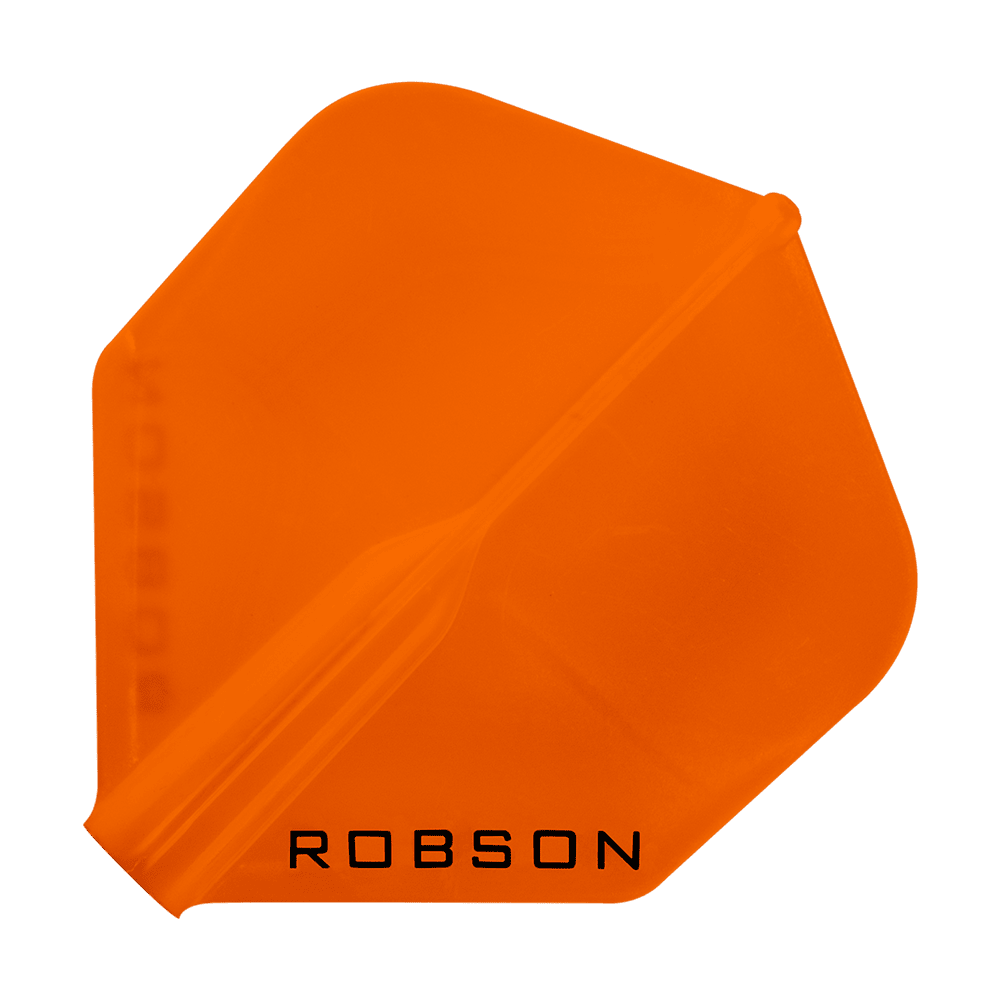 Plumas Robson Plus - Estándar Das Bild zeigt ein orangefarbenes Dartflight mit der Aufschrift "ROBSON". Das Flight hat eine klassische, standardmäßige Form.