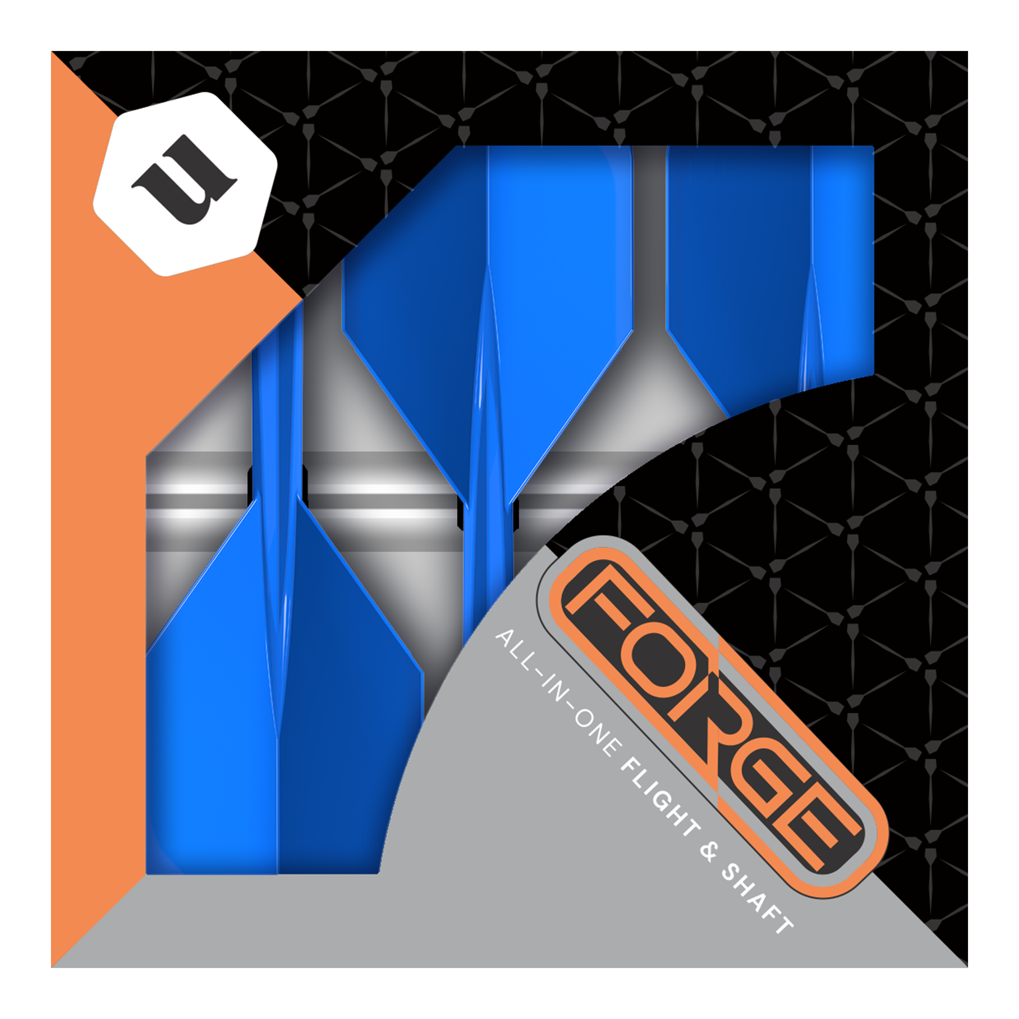 Plumas estándar Unicorn Forge All In One Plus No2, color azul, talla mediana Dies ist eine Verpackung der „Unicorn Forge All In One Plus No2 Standard Flights Blau - Medium“. In der Schachtel befinden sich blaue Dart-Flights mit integriertem Schaft.