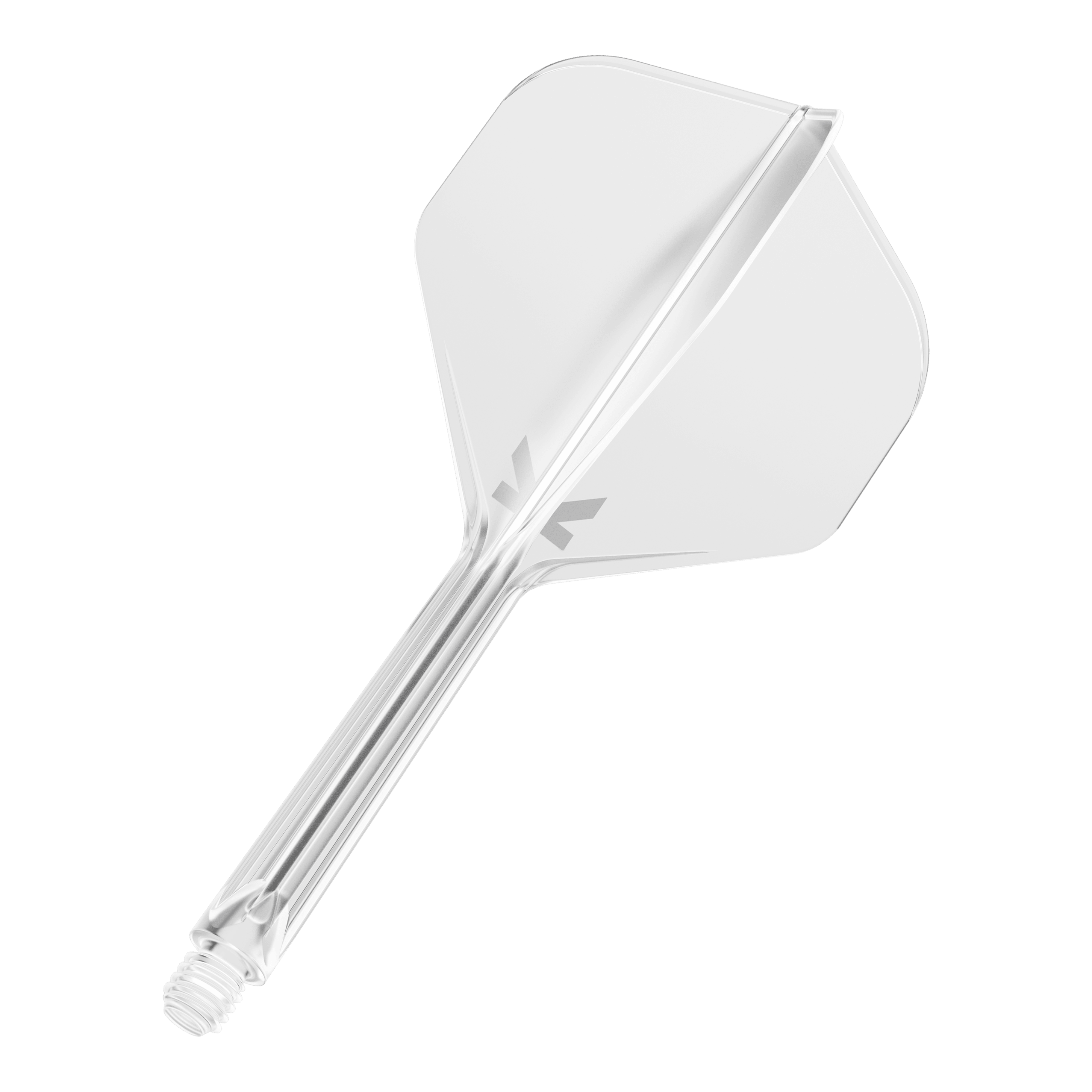 Sistema de vuelo estándar Target K-Flex No2 - Transparente Das Bild zeigt einen klaren Dart-Flight mit integriertem Schaft. Das Design ist schlicht und durchsichtig, mit einem kleinen grauen Logo auf dem Flight.