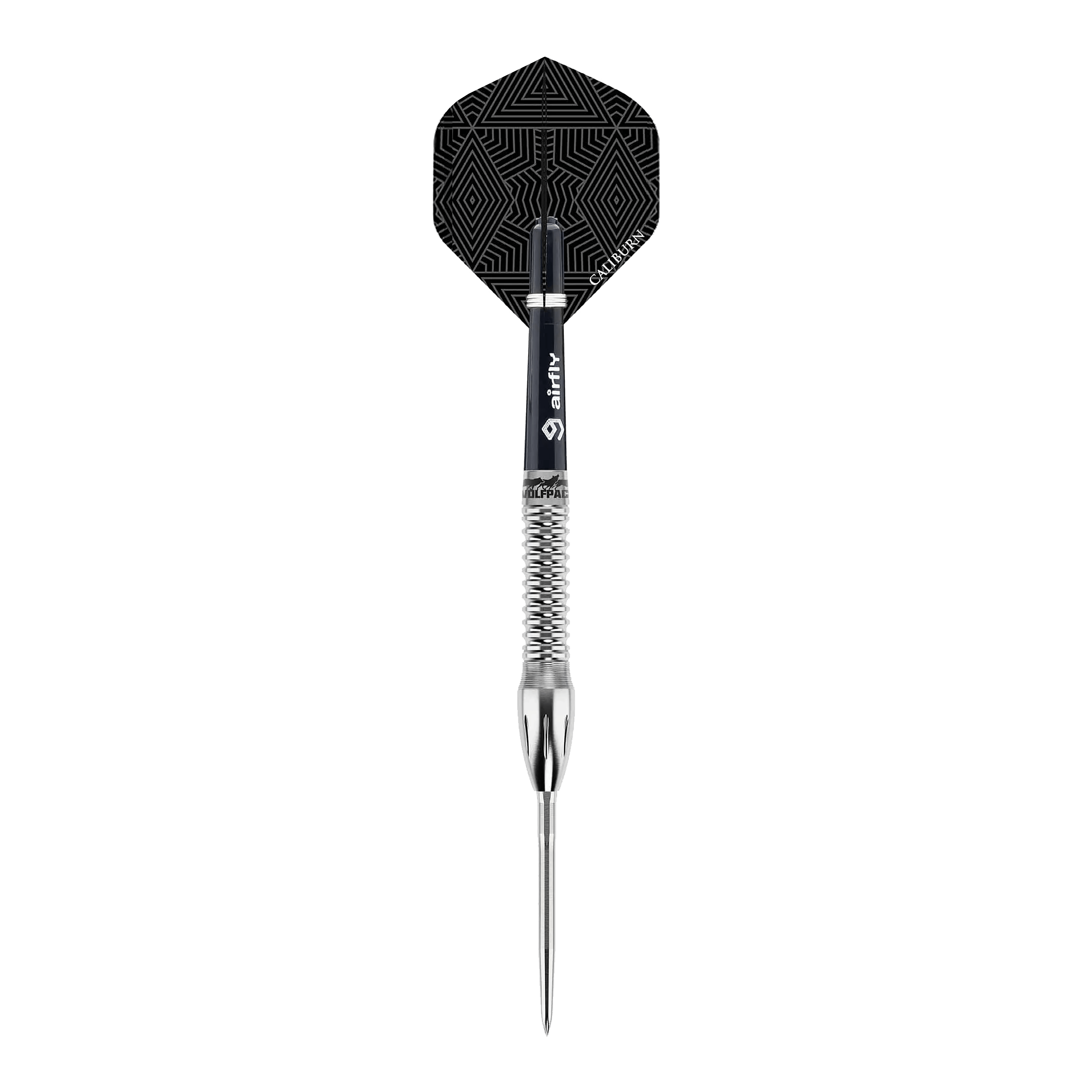 Dardos de acero Caliburn Wolfpack W4 - 20 g Das Bild zeigt einen Caliburn Wolfpack W4 Steeldart mit einem Gewicht von 20g. Der Dart hat ein silbernes Griffstück und einen schwarz gemusterten Flight.