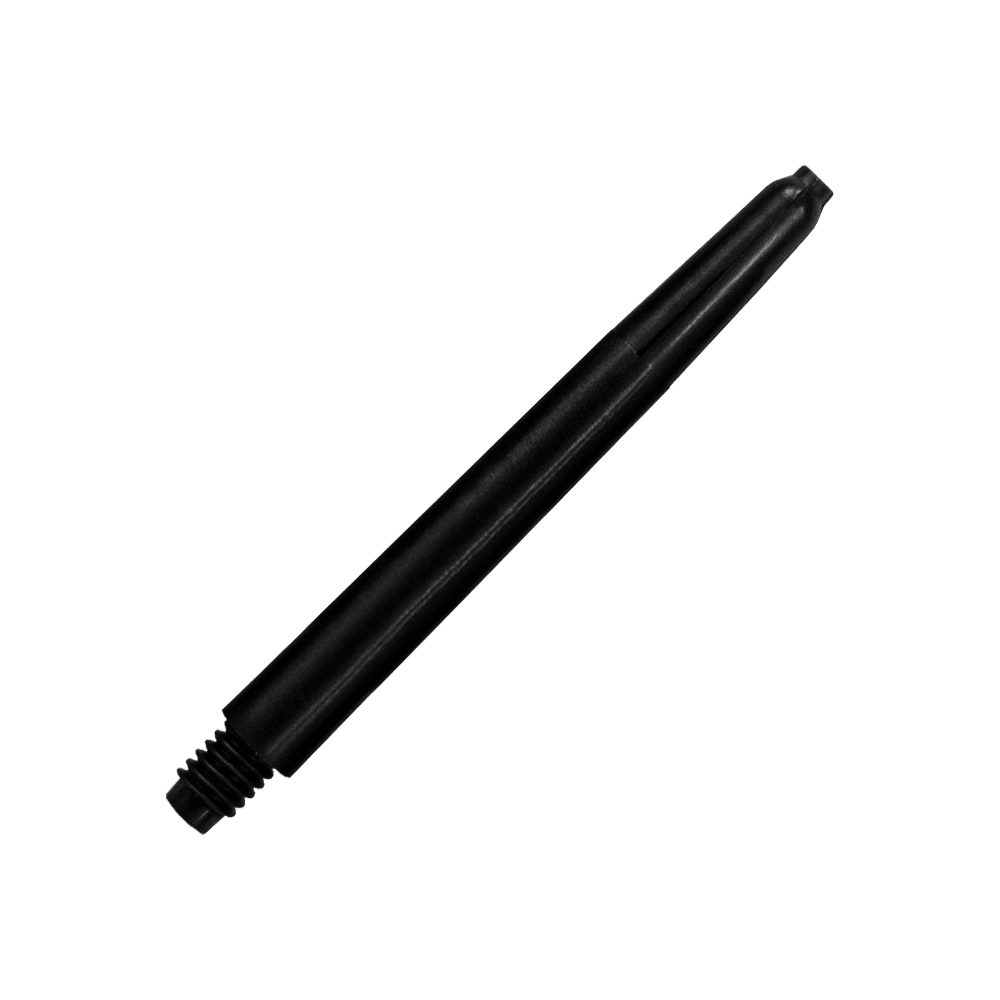 568_Nylon_Shafts_Schwarz_48mm_2 Das Bild zeigt einen schwarzen Nylon-Schaft. Er hat ein Gewinde an einem Ende und ist für den Einsatz bei Darts geeignet.