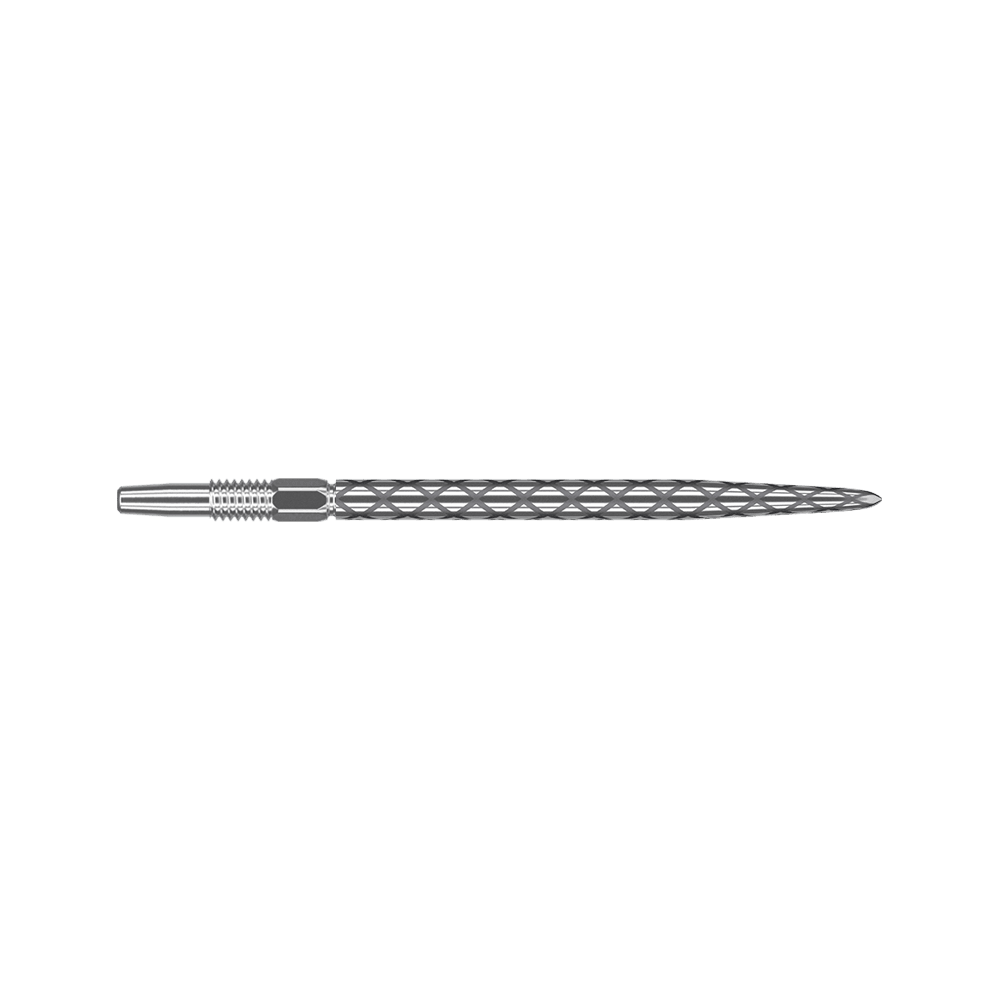 Puntas de dardo Target Swiss Diamond Pro Silver Points Das Bild zeigt eine silberne Dartspitze mit einem Rautenmuster entlang des Schafts. Die Spitze ist gerade und hat feine Gravuren zur besseren Griffigkeit.