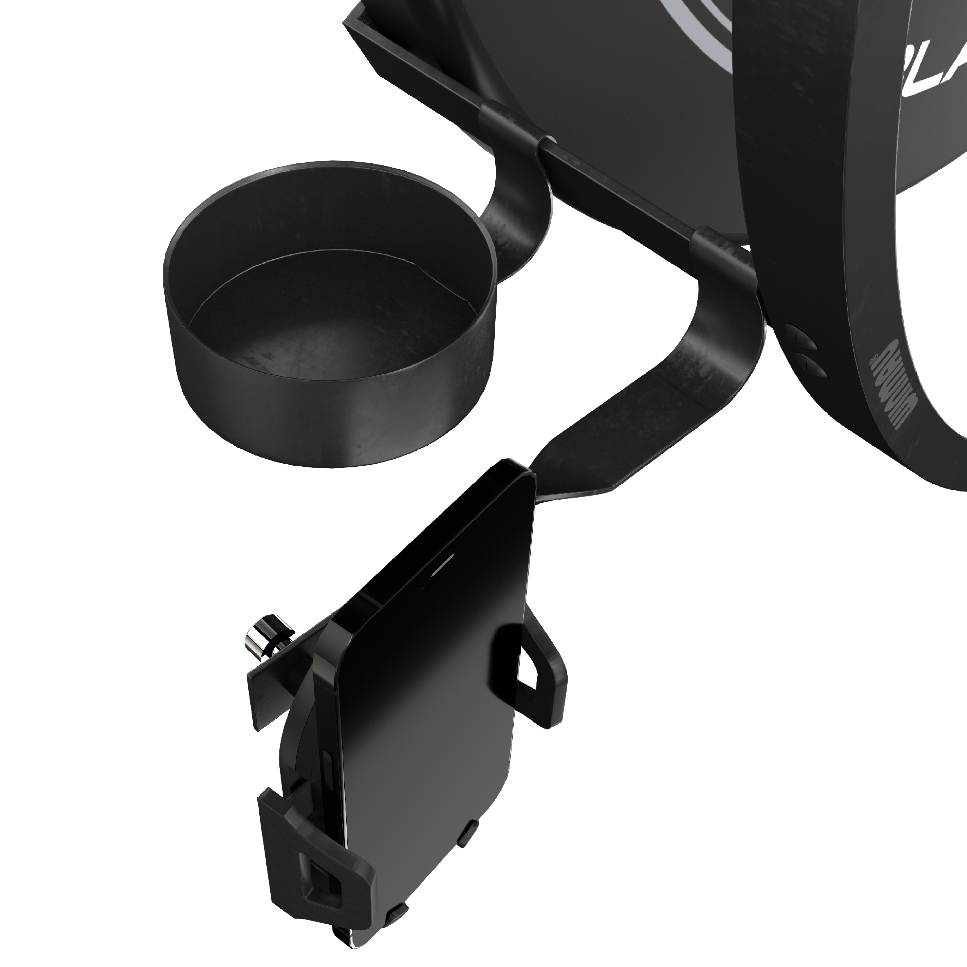 Juego de accesorios de plasma Winmau Das Bild zeigt das Winmau Plasma Zubehör Set mit einem Handyhalter und einem Becherhalter. Beide Halterungen sind an einem runden Rahmen befestigt.