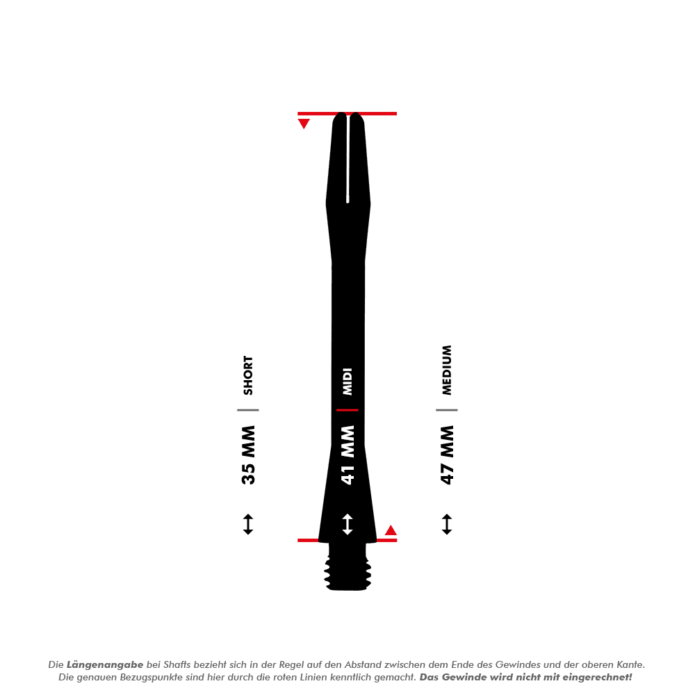 HR366_Harrows_Keramic_Shafts_5_41mmBkJzGr3St4ODa Das Bild zeigt die Harrows Keramic Shafts in Matt-Schwarz mit unterschiedlichen Längen. Die Längenangaben sind 35 mm (Short), 41 mm (Midi) und 47 mm (Medium).