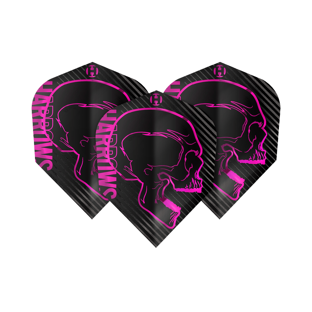 Plumas Harrows Rage Pink No6 Das Bild zeigt drei schwarze Dartflights mit einem auffälligen pinken Totenkopf-Design. Auf den Flights steht seitlich in pink der Schriftzug "Harrows".