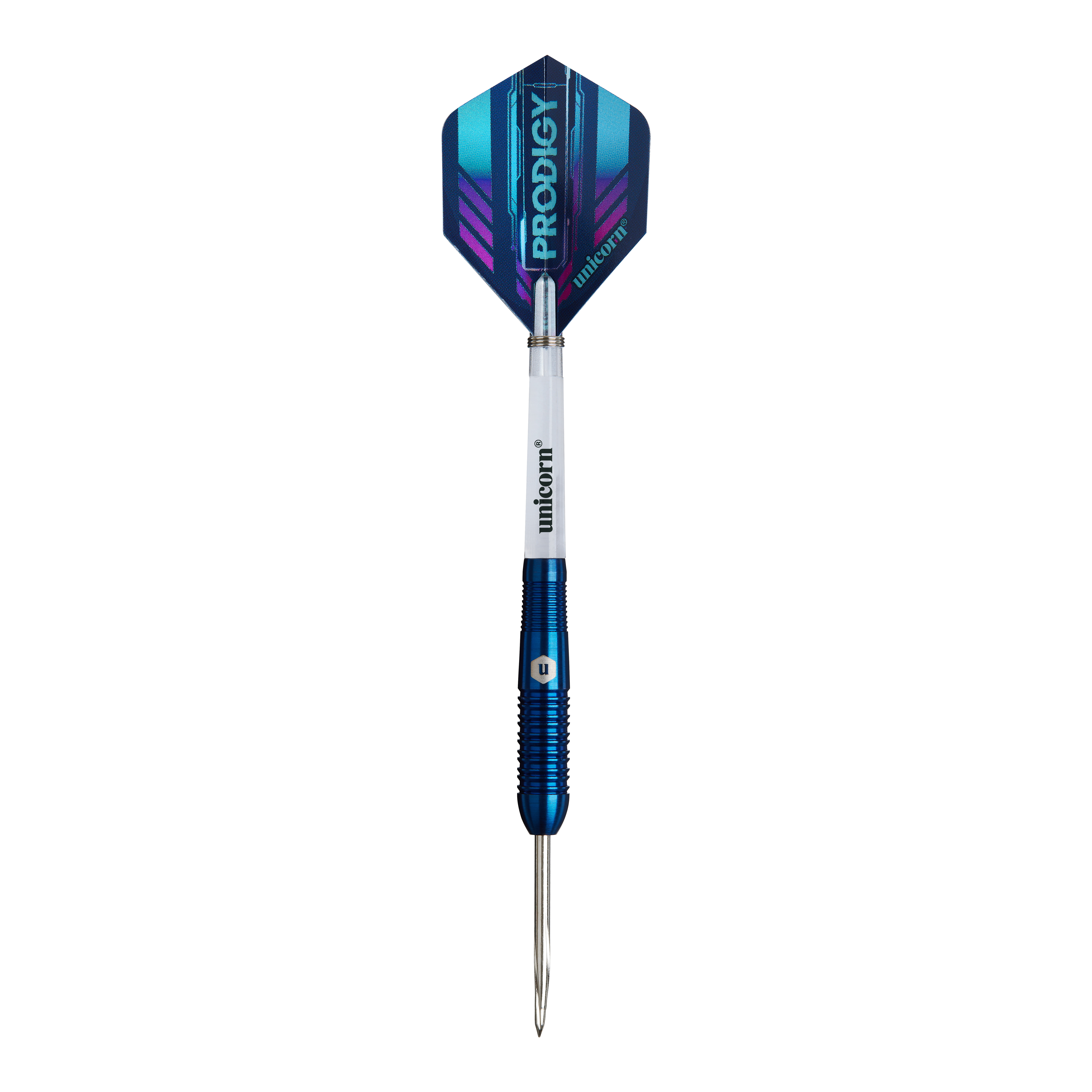 Das Bild zeigt einen Unicorn Prodigy 02 Torpedo Steeldart. Der Dartpfeil hat blaue und silberne Farben mit einer spitzen Metallspitze und einem modernen Flight-Design.