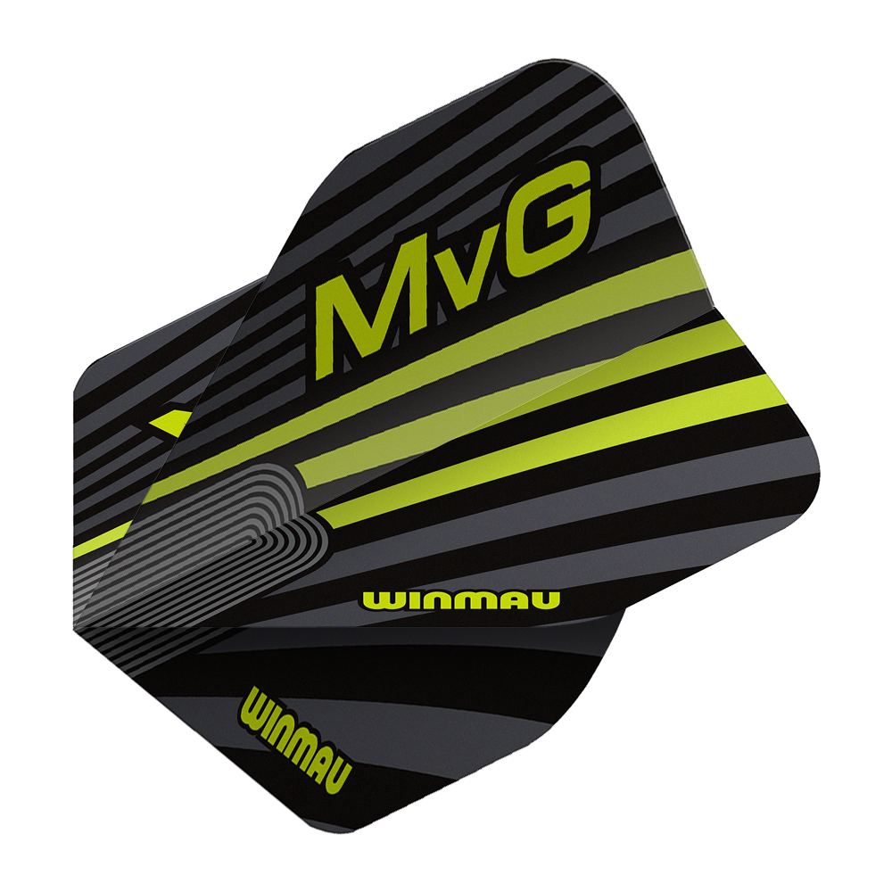 Vuelos estándar Winmau Prism Delta MvG Gris Verde No. 2 Das Bild zeigt die Winmau Prism Delta MvG Grey Green No2 Standard Flights. Es handelt sich um Dart-Flights in Grau und Grün.
