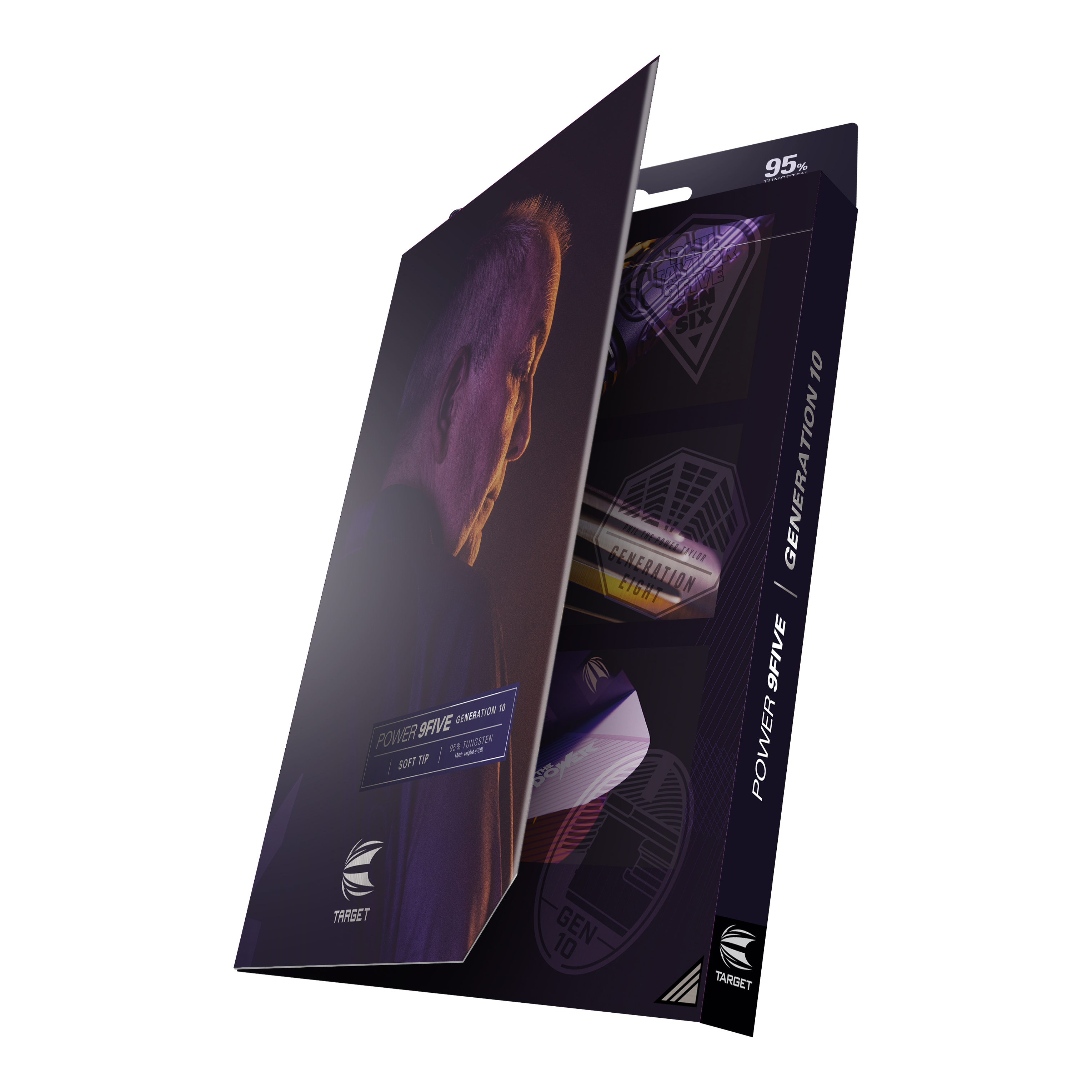 Dardos blandos Target Phil Taylor Power 9Five GEN10 Die Abbildung zeigt die Verpackung der "Target Phil Taylor Power 9Five GEN10 Softdarts". Auf der Vorderseite ist ein Porträtfoto sowie der Produktname zu sehen.
