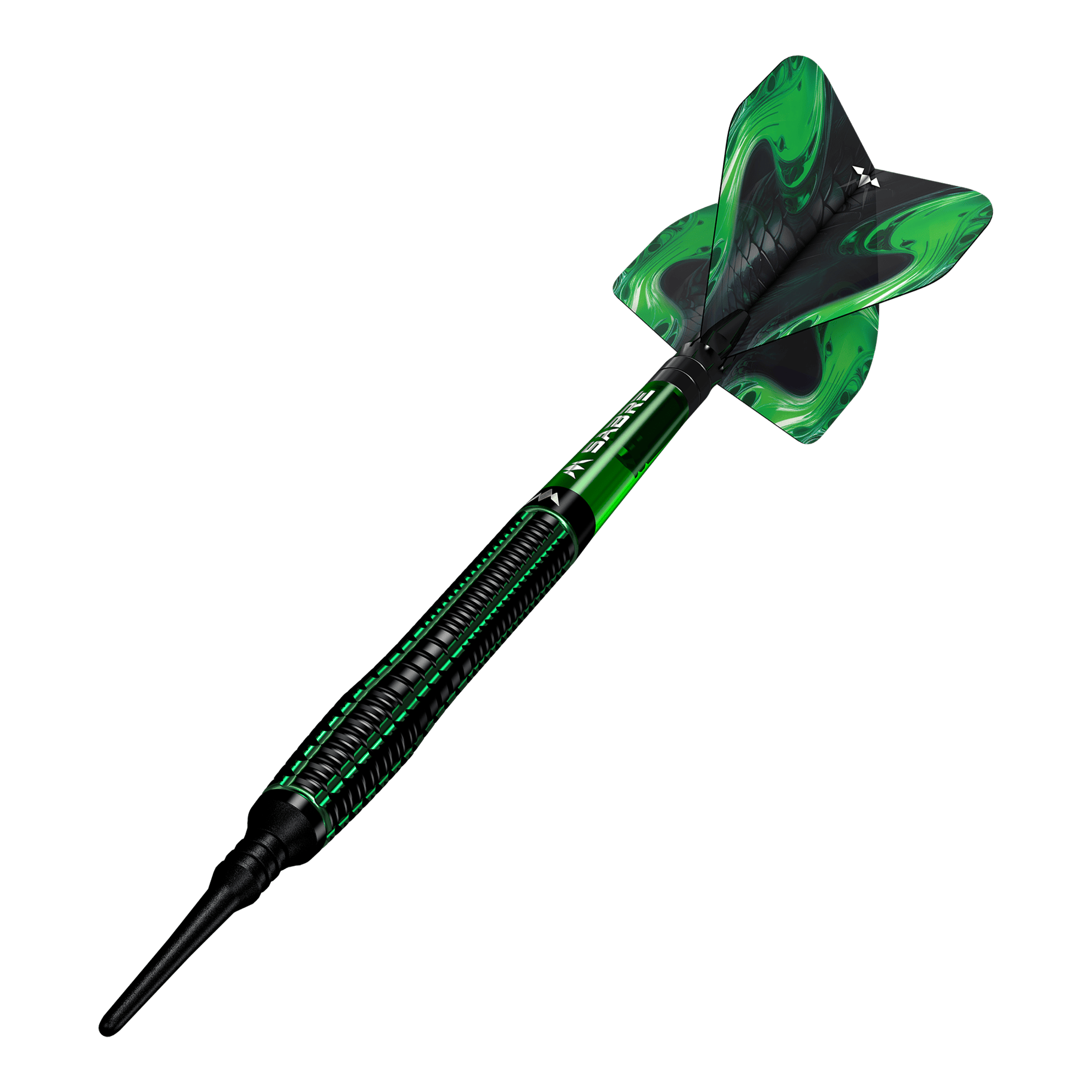 Dardos blandos Mission Venom - 20 g Das Bild zeigt einen Mission Venom Softdart mit einem Gewicht von 20g. Der Dart ist schwarz und grün gestaltet und hat ein auffälliges Design am Flight.