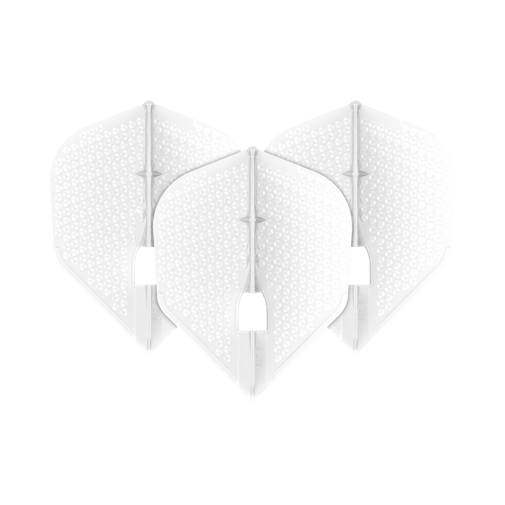 L-Style Flights Dimple Champagne L3PRO Shape Das Bild zeigt drei weiße Dart-Flights der Marke L-Style in Dimple Champagne L3PRO-Form. Die Flights haben eine strukturierte Oberfläche mit kleinen Vertiefungen.