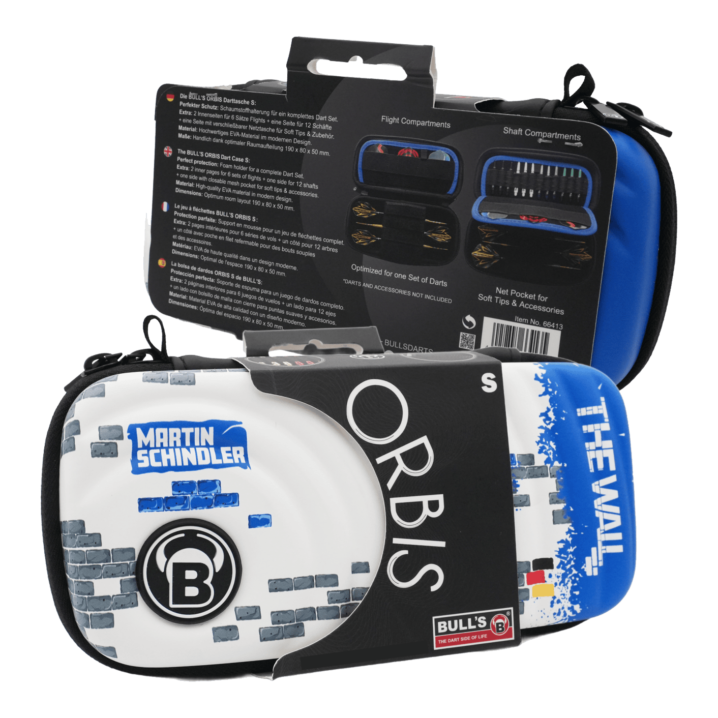 Estuche para dardos Bulls Orbis S Martin Schindler Das Bild zeigt das Produkt "Bulls Orbis S Martin Schindler Dartcase" in einer Verpackung. Das Dartcase ist bunt gestaltet und trägt den Namen "Martin Schindler" sowie "The Wall".