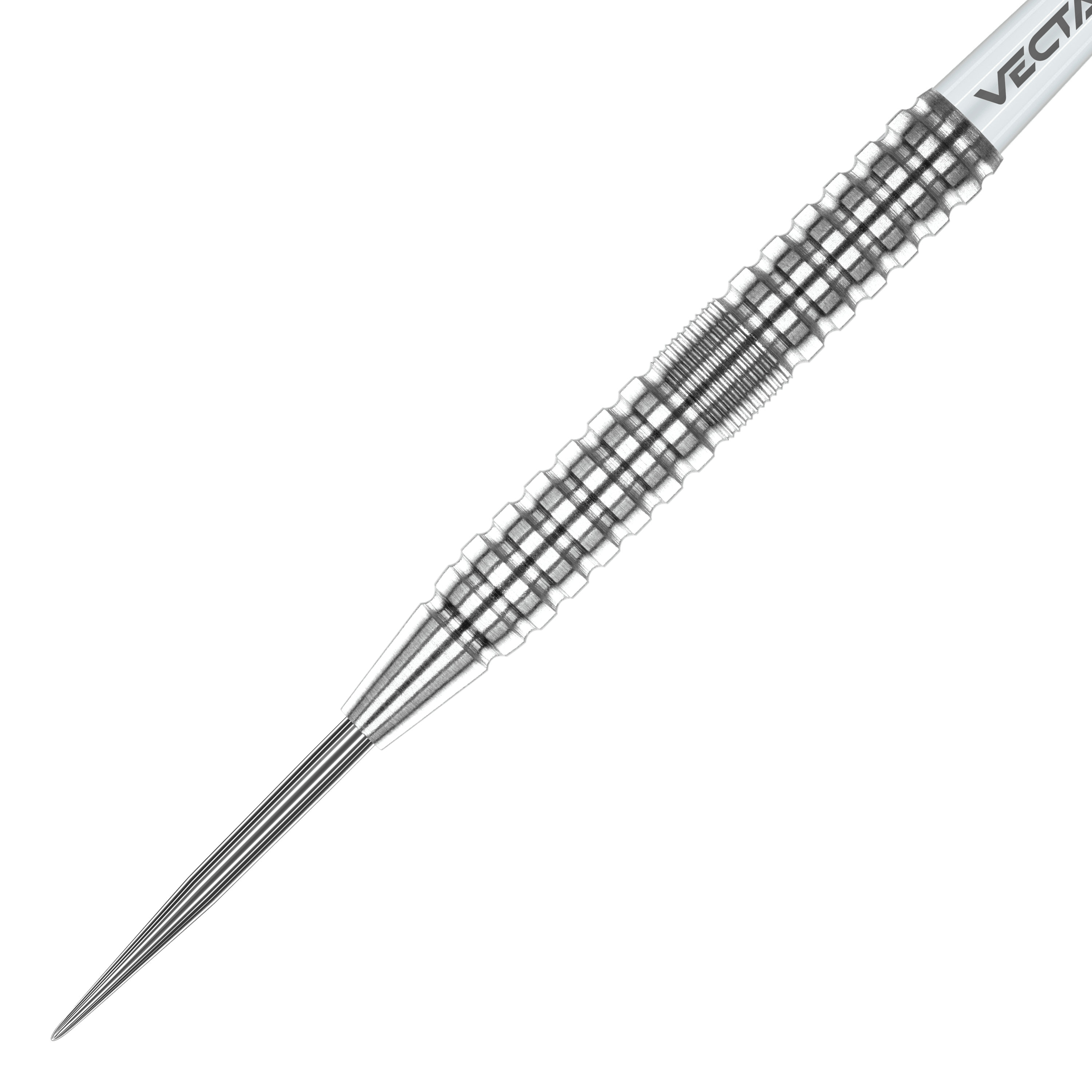 Dardos de acero Winmau Willie O'Connor - 23 g Das Bild zeigt einen silbernen Winmau Willie OConnor Steeldart mit einem Gewicht von 23g. Der Dartpfeil hat eine strukturierte und geriffelte Oberfläche für besseren Halt.
