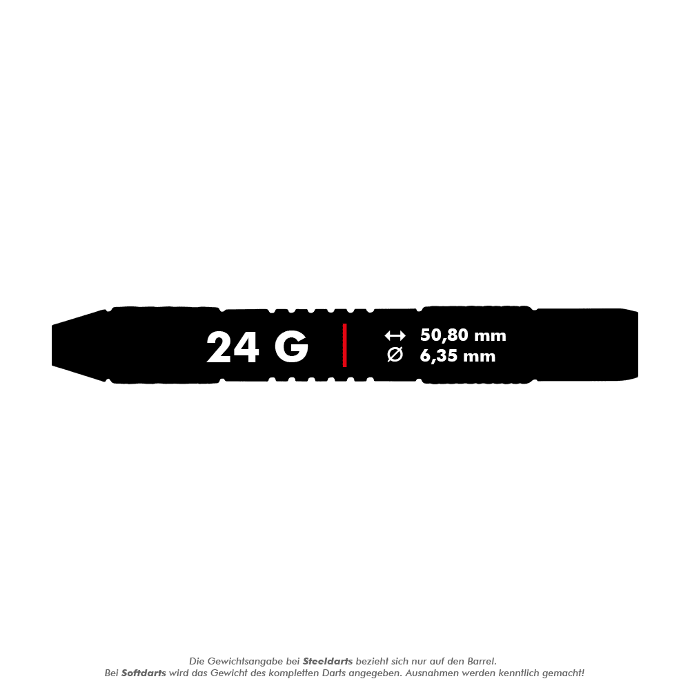 Dardos de acero Red Dragon Amberjack 5 - 24 g Das Bild zeigt die Produktinformationen der Red Dragon Amberjack 5 Steeldarts mit einem Gewicht von 24 Gramm. Die Maße des Barrels sind 50,80 mm Länge und 6,35 mm Durchmesser.