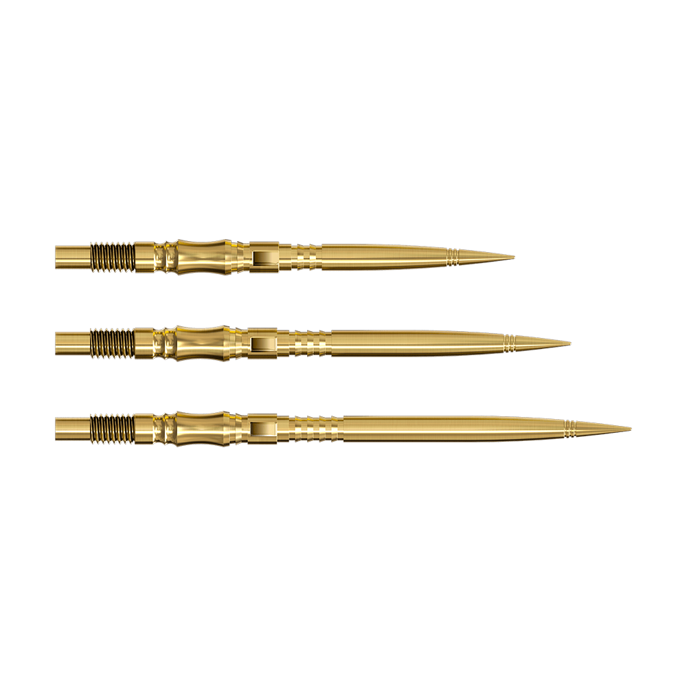 Puntas de dardo Harrows Quick Point Axis Elite Series - Oro Die Harrows Quick Point Axis Elite Series Dartspitzen in Gold sind auf dem Bild zu sehen. Mehrere goldene Dartspitzen liegen nebeneinander.