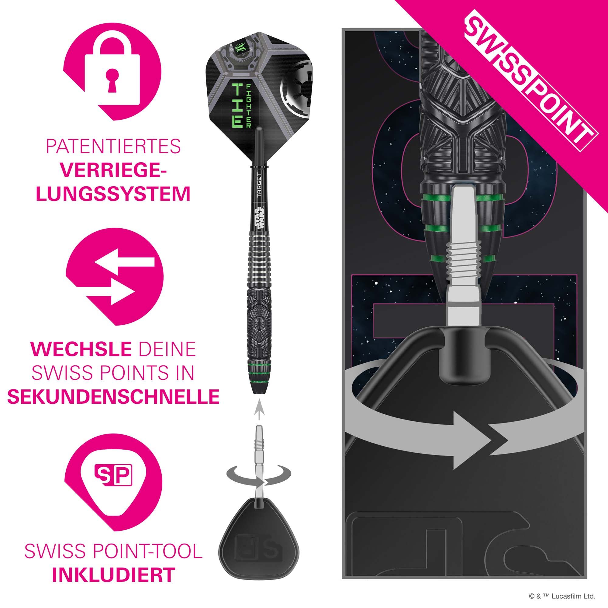 Target Star Wars Tie Fighter Swiss Point Steeldarts ist auf dem Bild zu sehen. Es handelt sich um Steeldarts, inspiriert von Star Wars.