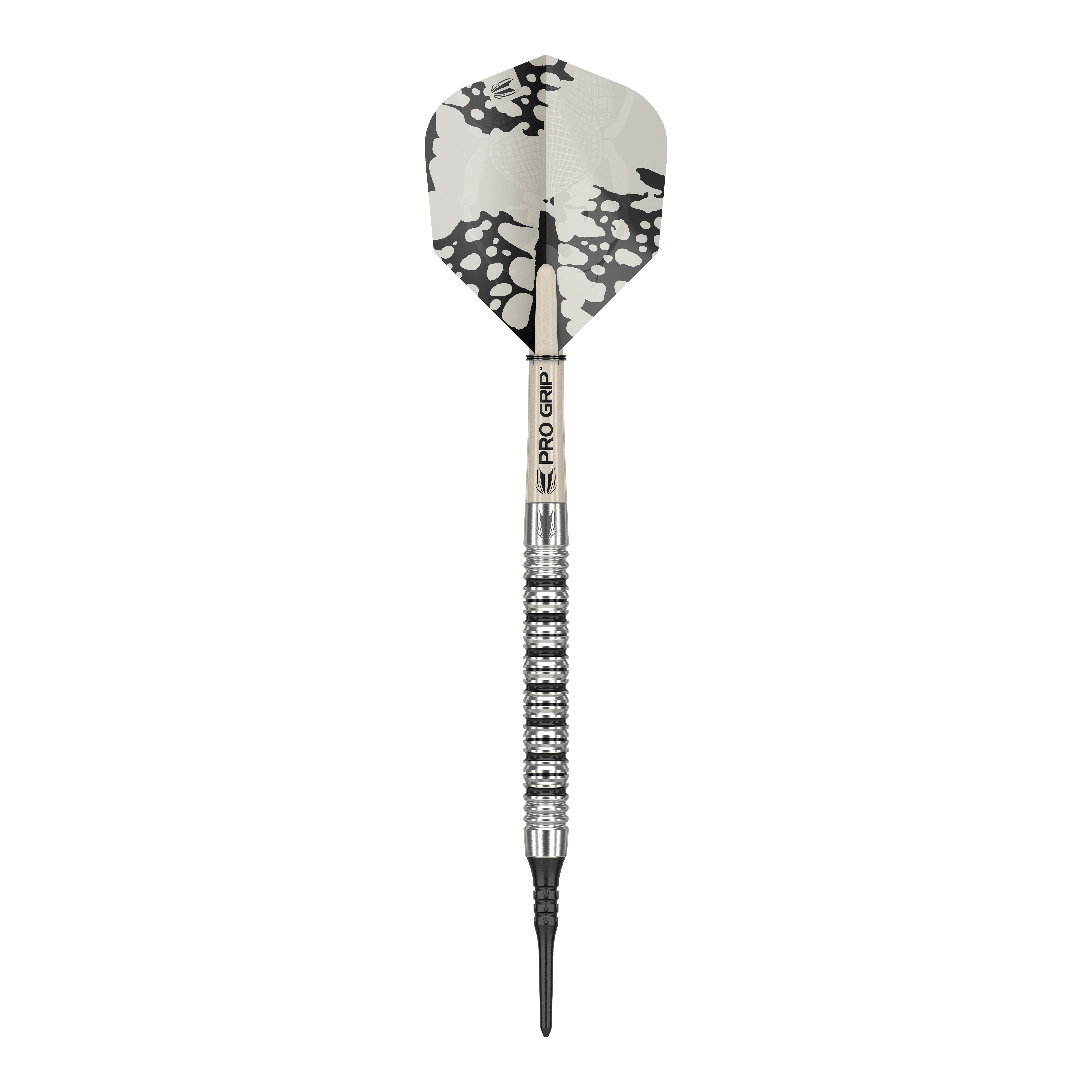 Dardos blandos Target EXO 11 Dies ist ein Softdart des Modells "Target EXO 11". Er hat ein silbernes Barrel mit Rillen und ein Flight mit schwarz-weißem Muster.