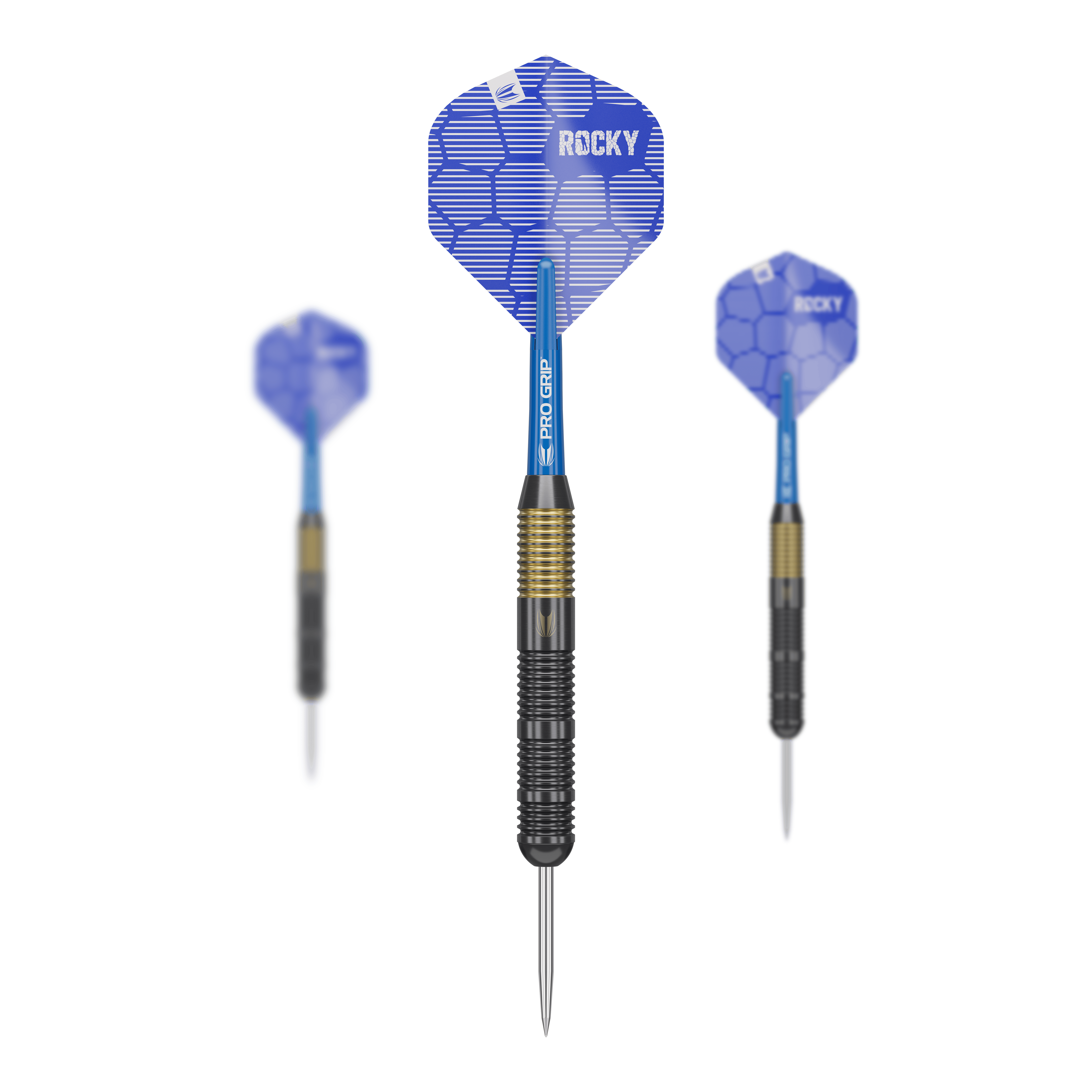 Dardos de acero y latón Target Josh Rock - 22 g Das Bild zeigt drei Target Josh Rock Brass Steeldarts mit einem Gewicht von 22g. Die Darts haben blaue Flights mit dem Aufdruck „ROCKY“ und einen schwarz-goldenen Griffbereich.