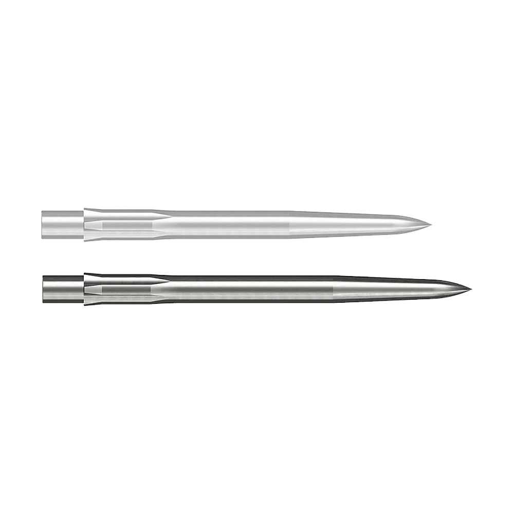 Puntas de dardos Caliburn System de acero - Lisas - Plateadas Auf dem Bild sind zwei glatte, silberne Steeldartspitzen zu sehen. Sie liegen parallel nebeneinander auf weißem Hintergrund.