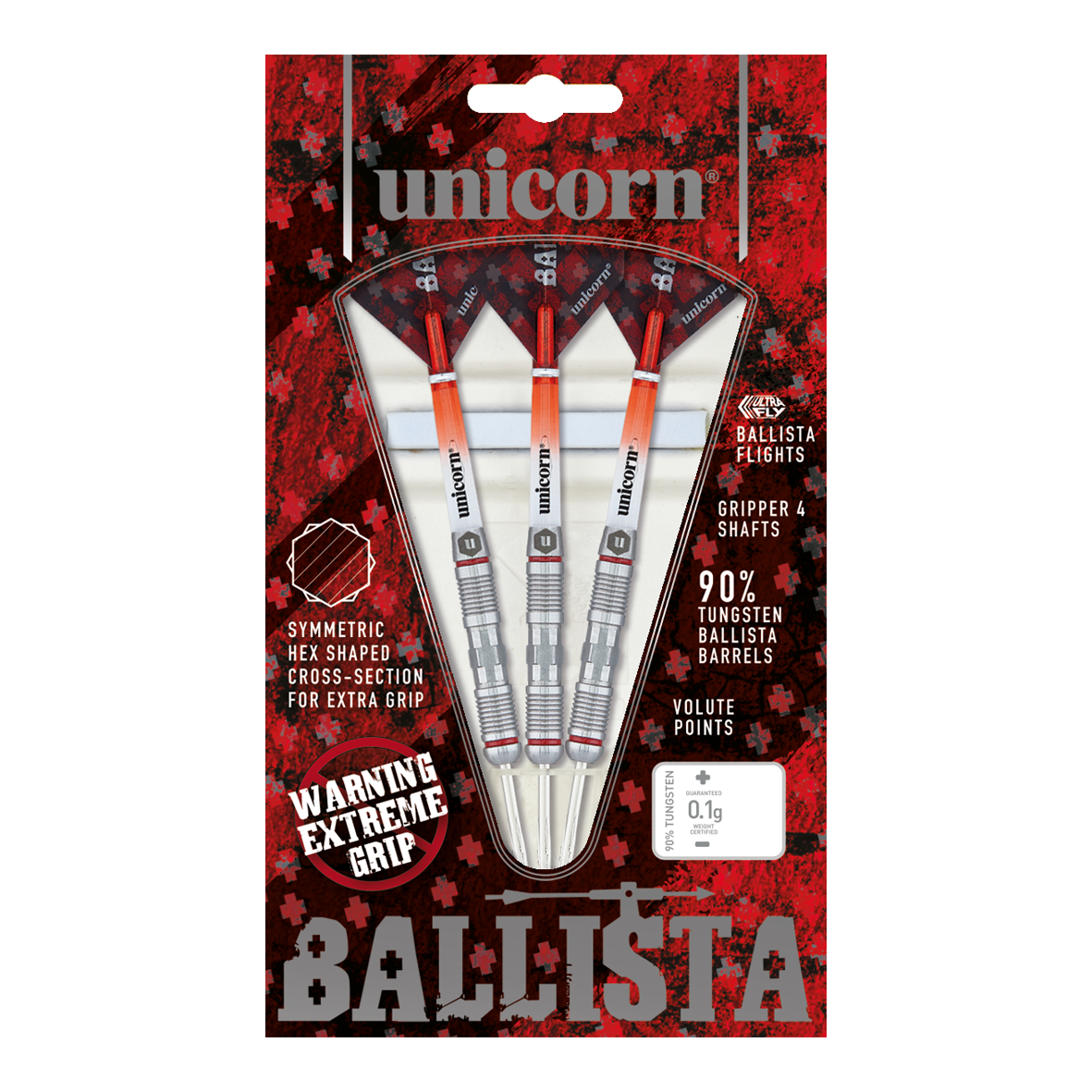 Dardos de acero estilo Ballista Unicorn 2 Das Bild zeigt eine Packung "Unicorn Ballista Style 2 Steeldarts" mit drei Darts. Die Verpackung hebt den extremen Grip und den 90%igen Tungsten-Anteil der Barrels hervor.