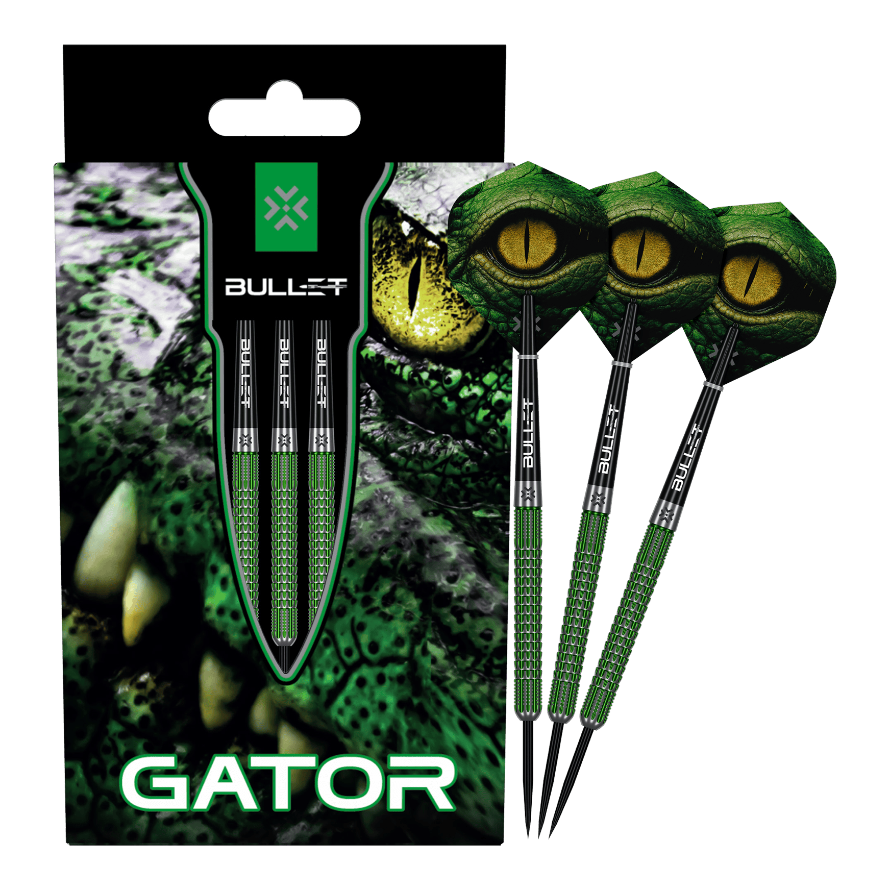 Dardos de acero Bullet Gator Das Bild zeigt die Bullet Gator Steeldarts. Es handelt sich um Steeldarts für den Präzisions-Dartsport.
