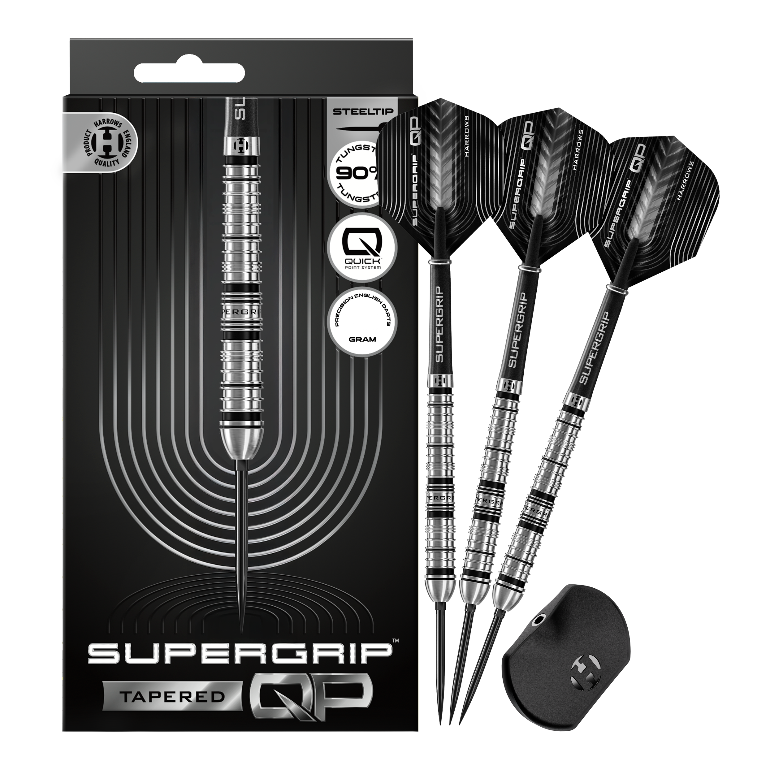 Dardos de acero de punta rápida cónica Supergrip de Harrows Abgebildet sind die Harrows Supergrip QP Tapered Quick Point Steeldarts. Es handelt sich um hochwertige Steeldarts für präzises Dartspiel.