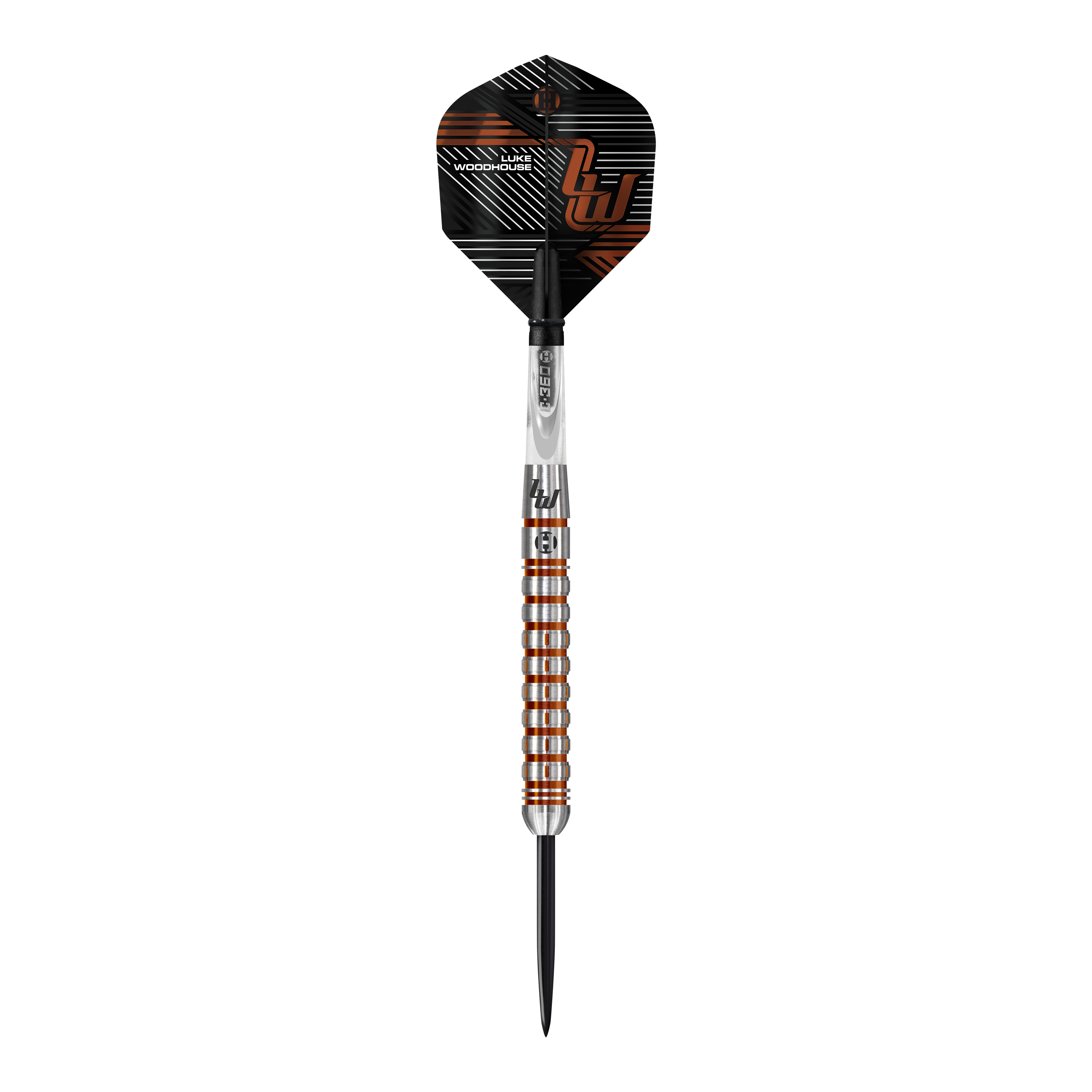 Dardos de acero Luke Woodhouse Serie 2 de Harrow Das Bild zeigt einen Steeldart der Marke "Harrows Luke Woodhouse Series 2". Der Dart hat ein auffälliges Design mit silbernen und bronzefarbenen Ringen am Griff und einer schwarz-orangen Flights.